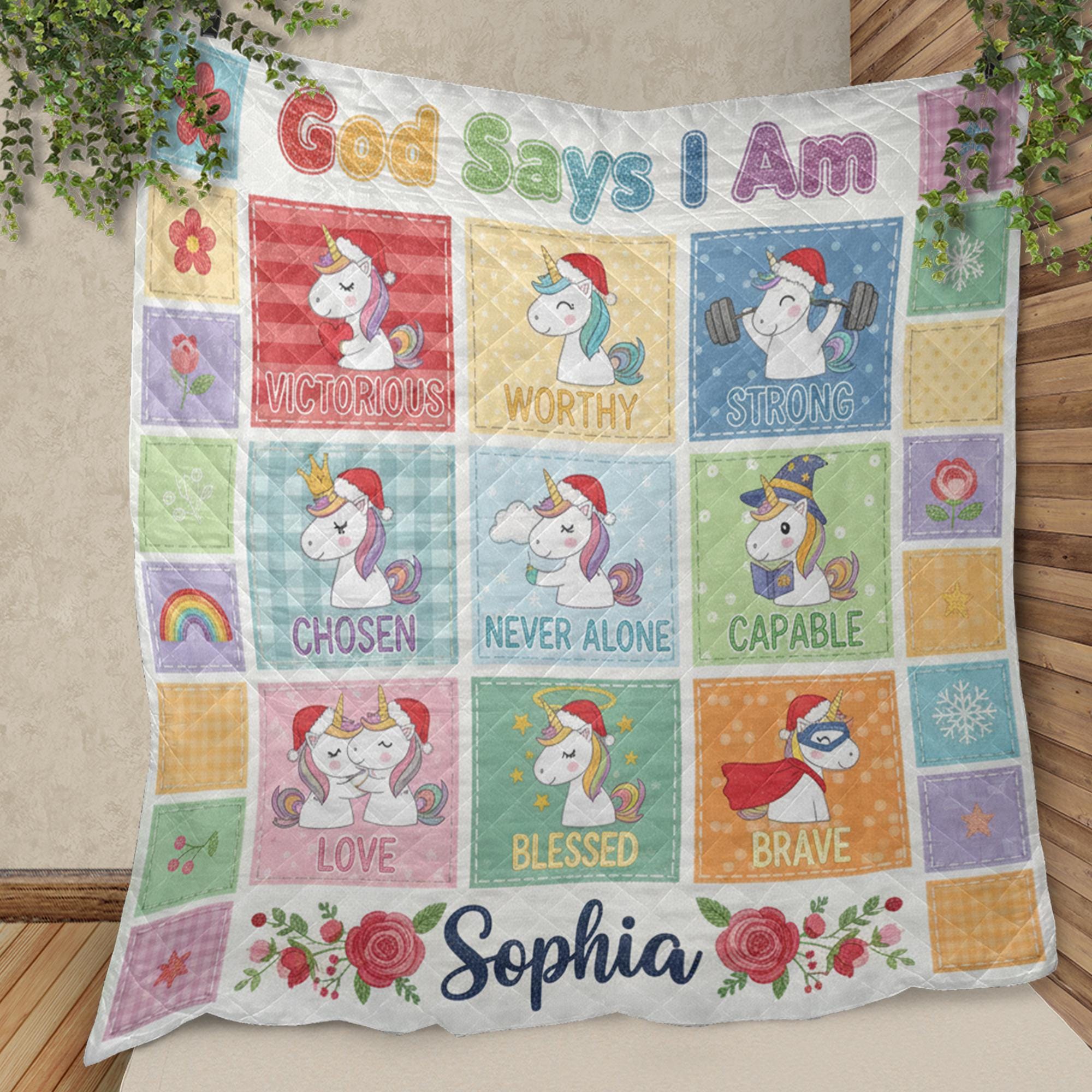 Personalized Quilt Blanket: "God Says I Am" Quote, Unicorn Patchwork, Christian Affirmations, Custom Name image 1