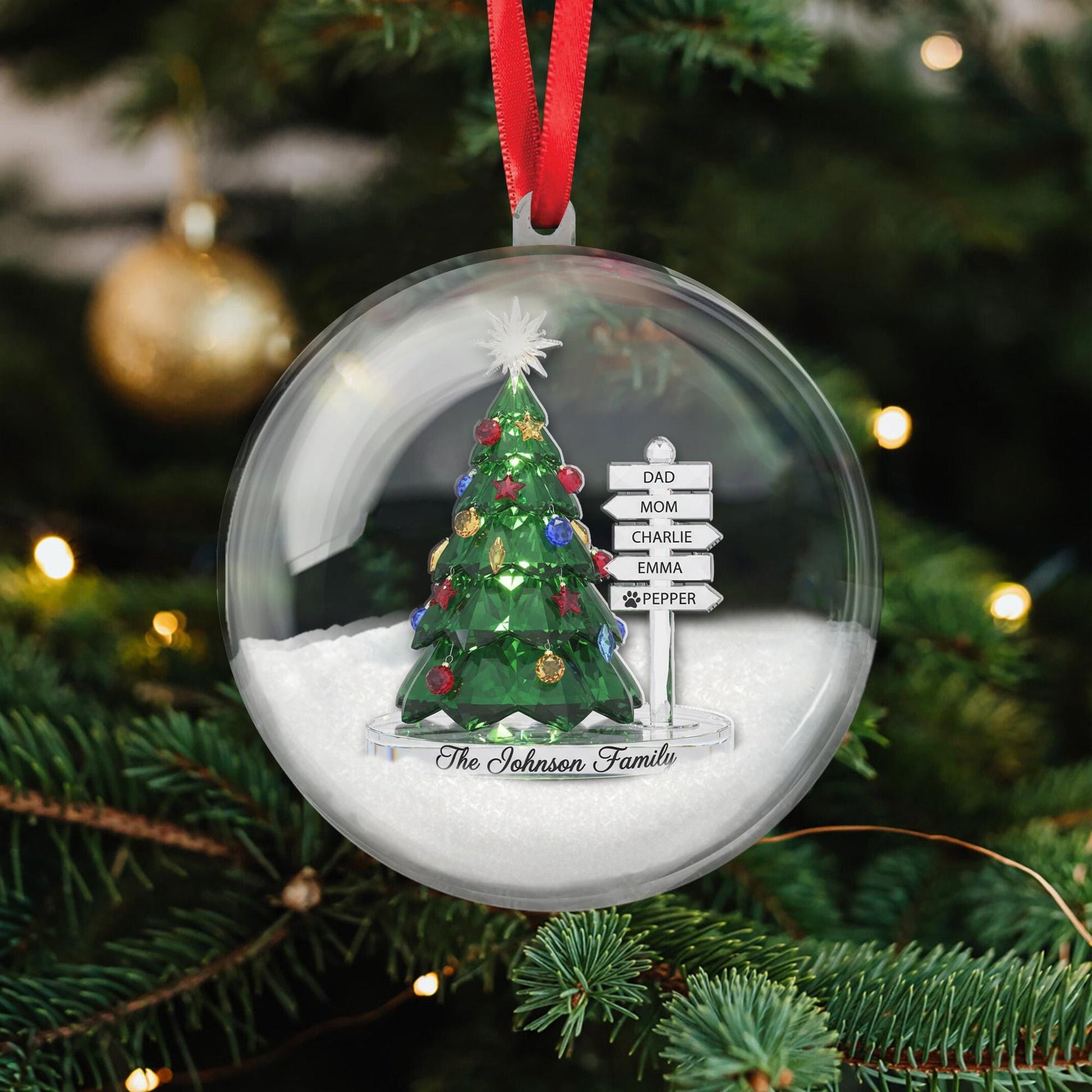 Personalized Family Signpost Snow 3D Ball Ornament - Christmas Tree Keepsake image 1