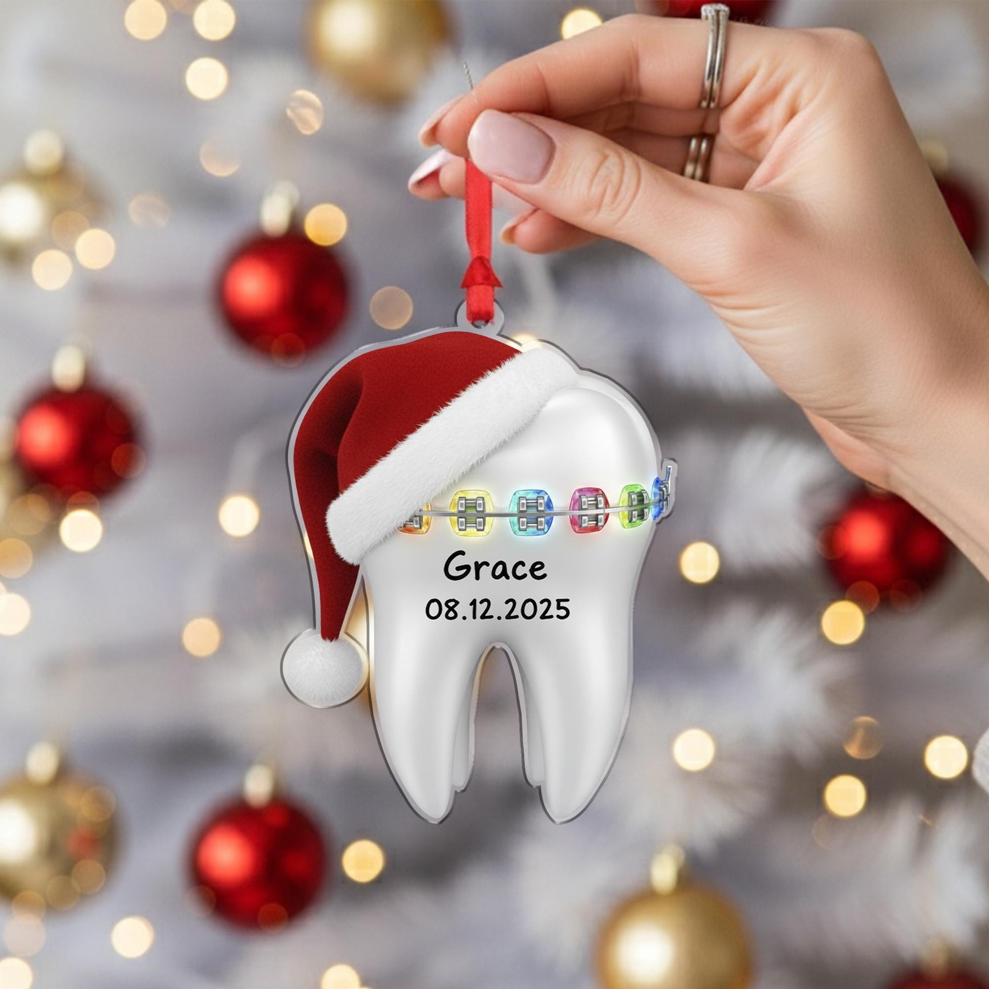 Personalized Tooth Ornament – Custom Name Dental Christmas Decoration, Braces Design, Holiday Keepsake image 3