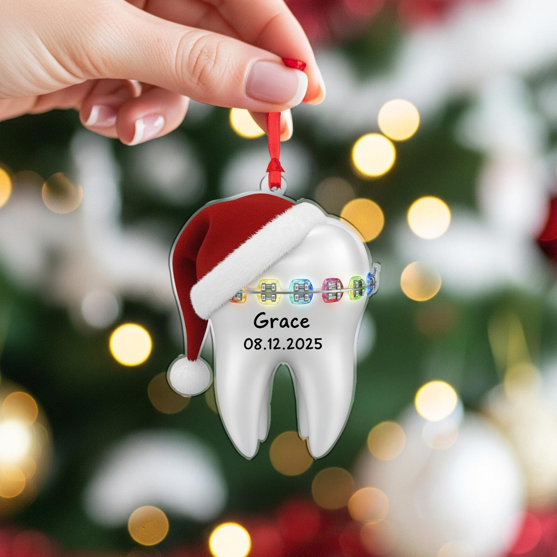Personalized Tooth Ornament – Custom Name Dental Christmas Decoration, Braces Design, Holiday Keepsake image 4