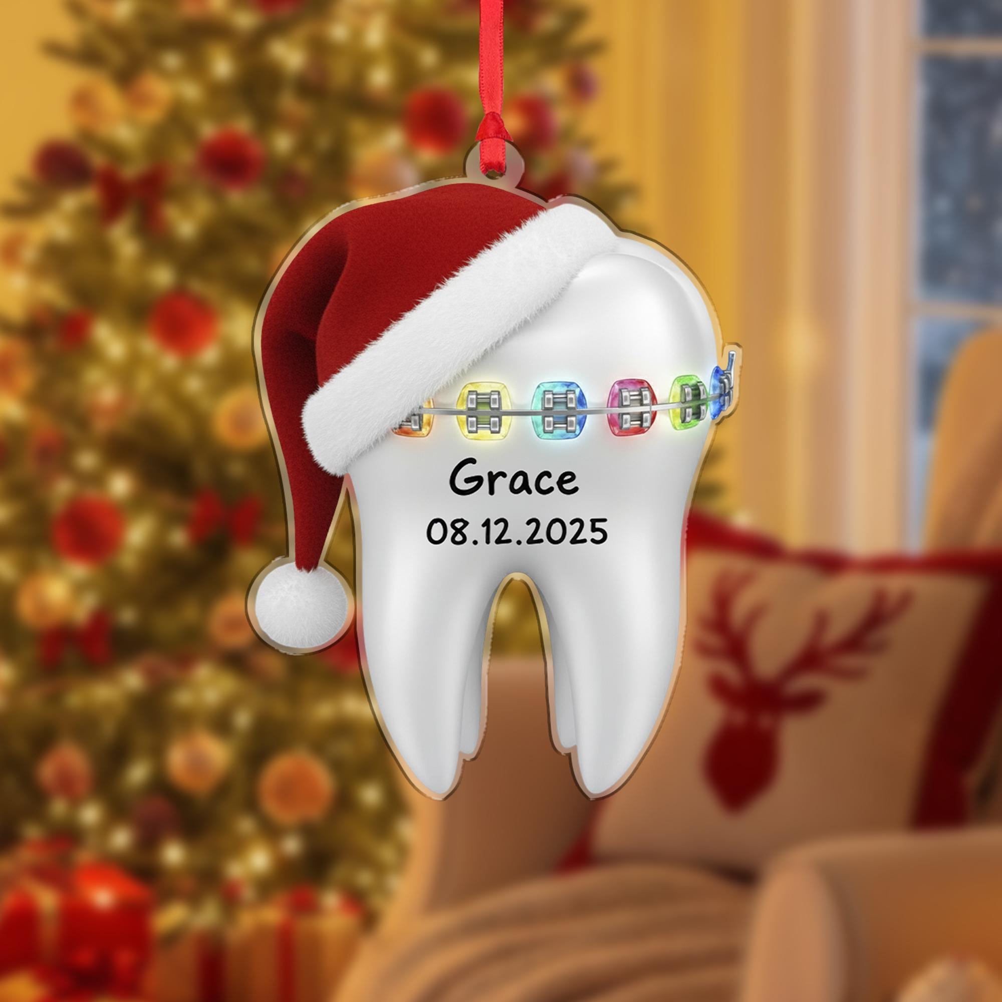 Personalized Tooth Ornament – Custom Name Dental Christmas Decoration, Braces Design, Holiday Keepsake image 1
