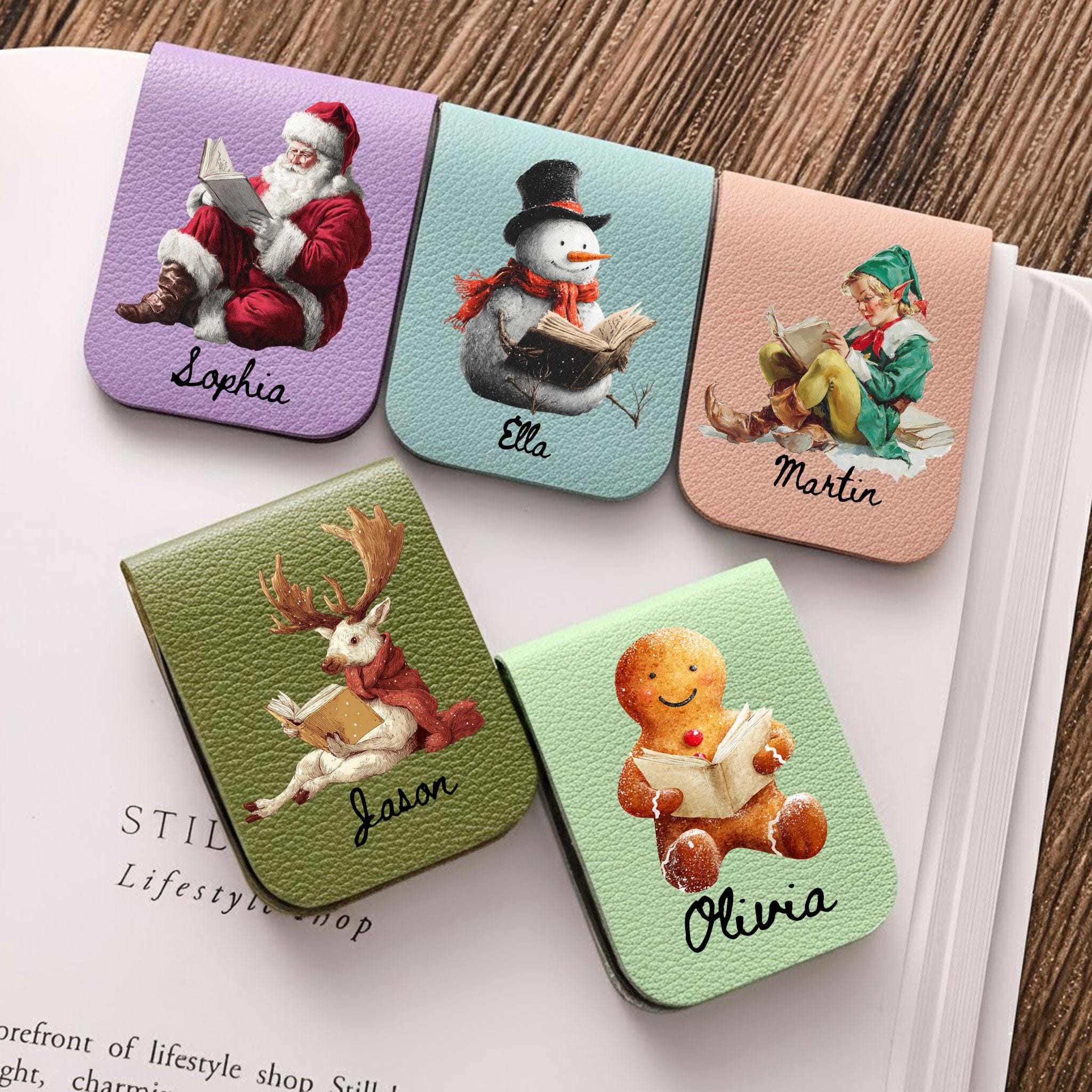 Personalized Magnetic Bookmark Set Christmas Character Print: Custom Name Holiday Page Clip image 1