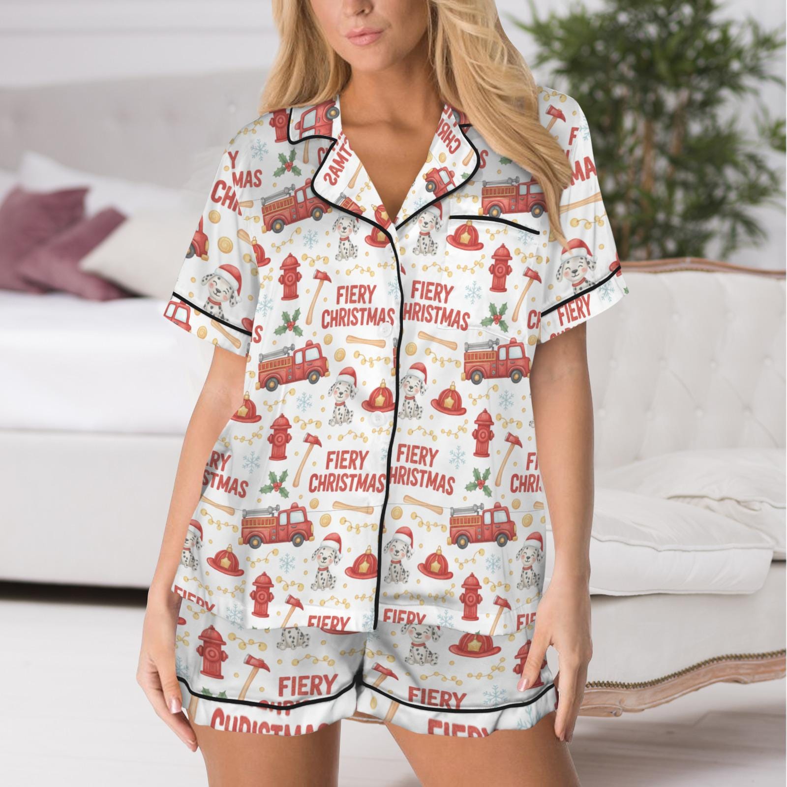 Satin Pajama Set Firefighter Christmas Print: Women's Dalmatian Fire Truck PJs Gift image 2