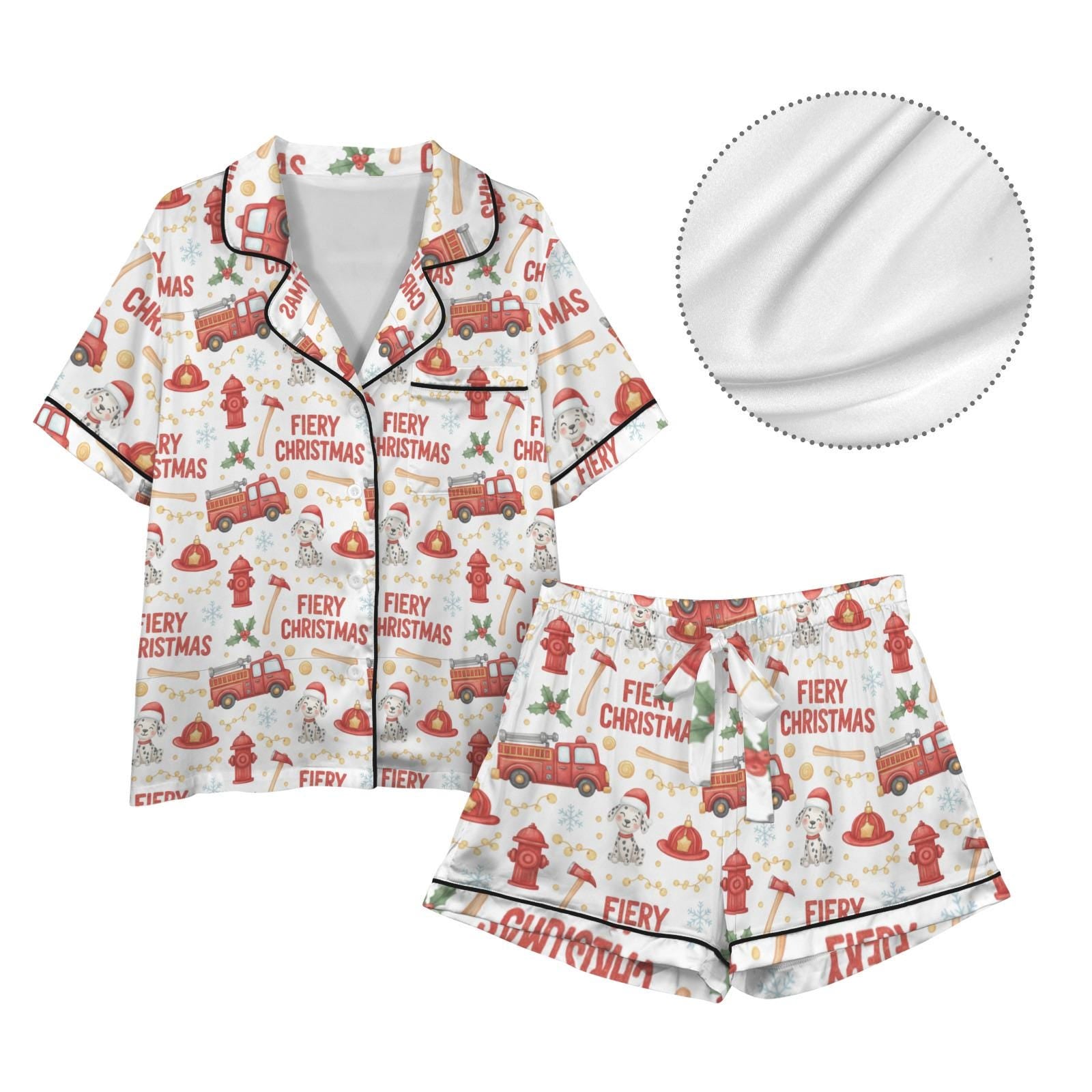 Satin Pajama Set Firefighter Christmas Print: Women's Dalmatian Fire Truck PJs Gift image 4