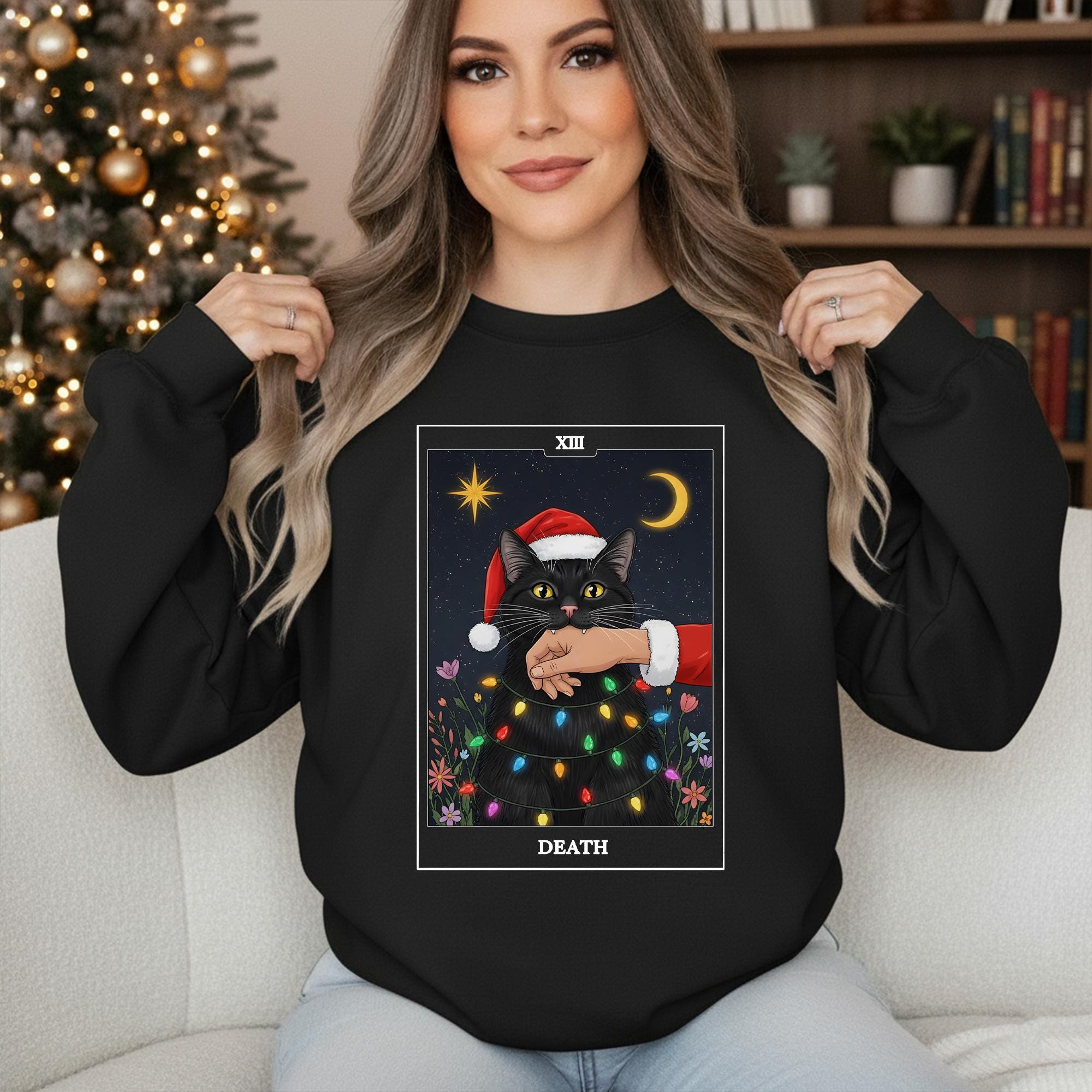 Death XIII Tarot Card Christmas Sweatshirt: Black Cat Holiday Crewneck image 2