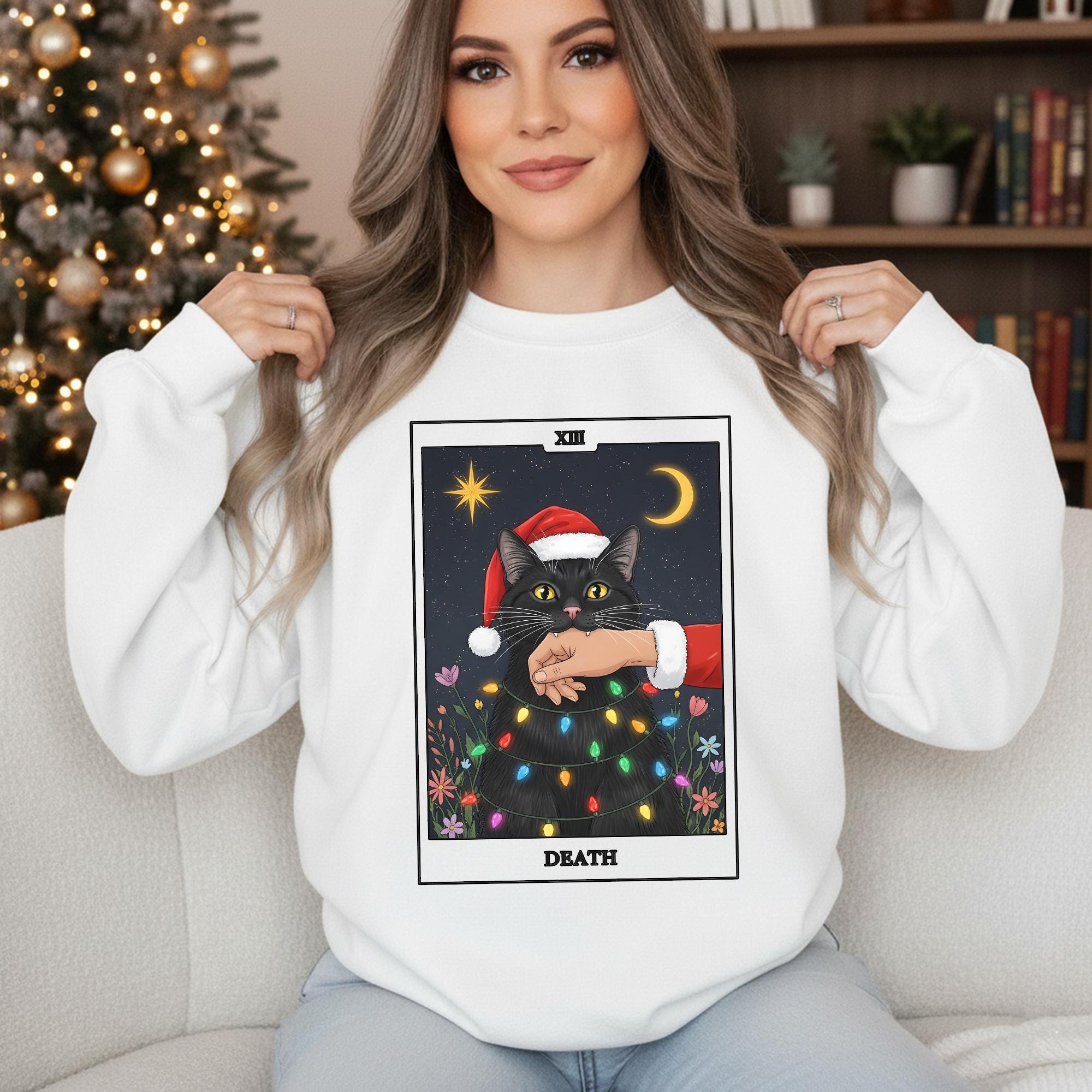Death XIII Tarot Card Christmas Sweatshirt: Black Cat Holiday Crewneck image 1