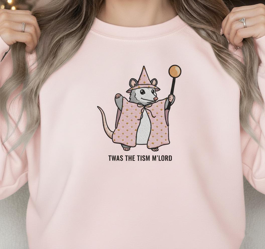 Embroidered 'Twas the Tism M'Lord' Possum Sweatshirt: Neurodivergent Wizard Crewneck image 3