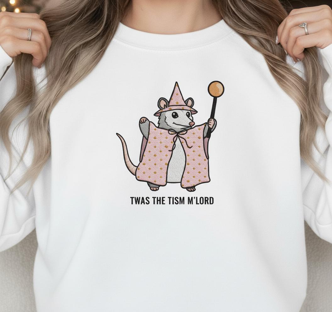 Embroidered 'Twas the Tism M'Lord' Possum Sweatshirt: Neurodivergent Wizard Crewneck image 1
