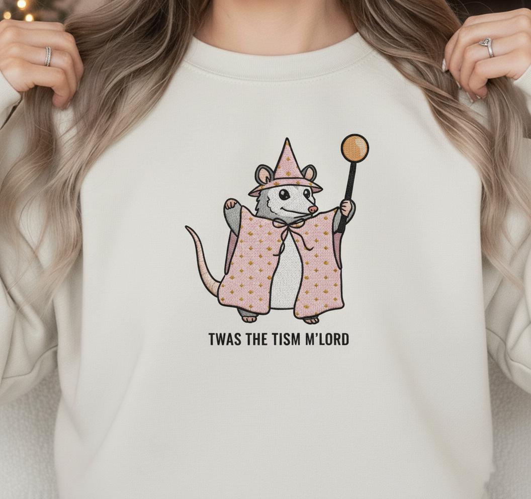 Embroidered 'Twas the Tism M'Lord' Possum Sweatshirt: Neurodivergent Wizard Crewneck image 2