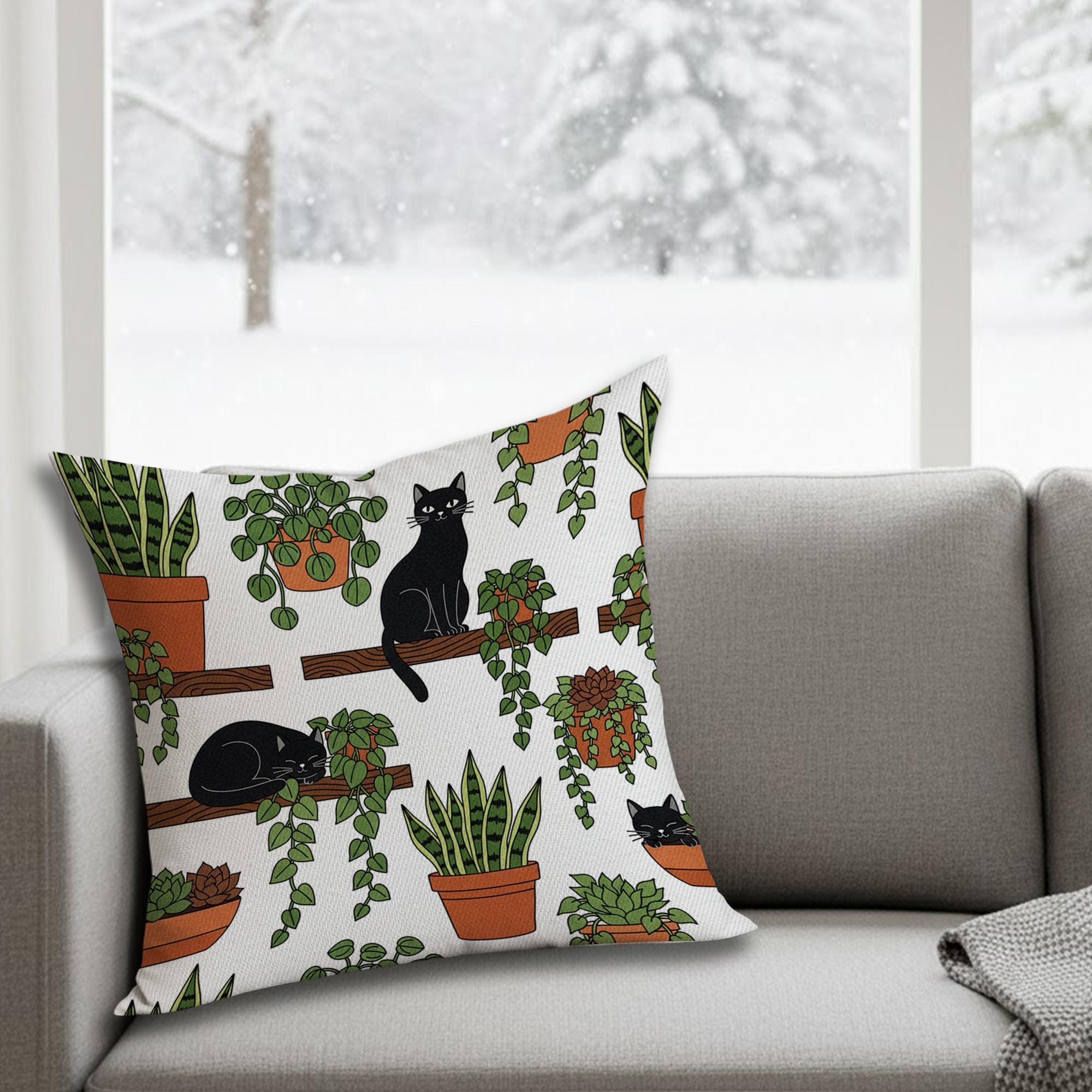 Plants Pillow – Black Cat and Succulent Cushion for Botanical Home Decor image 2