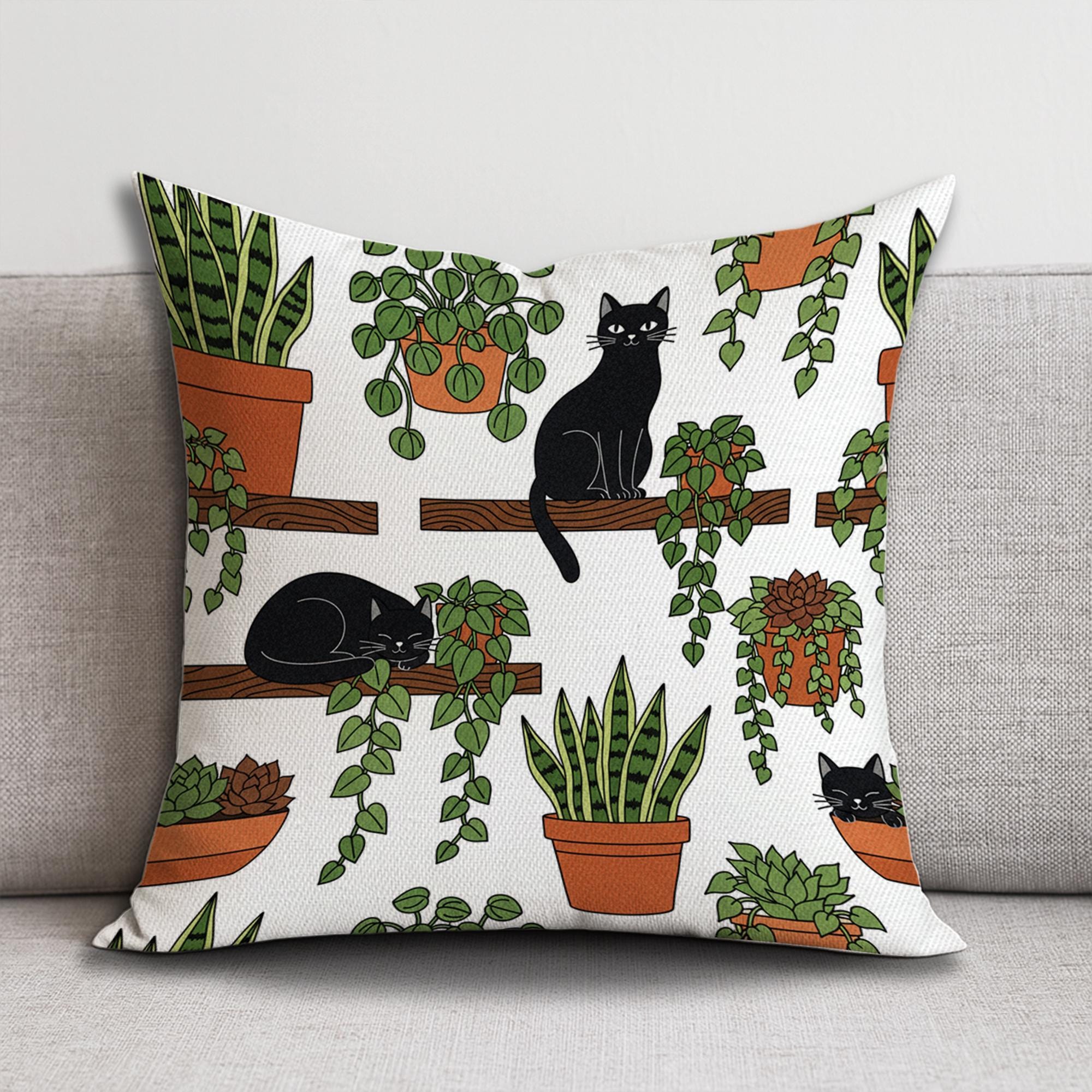 Plants Pillow – Black Cat and Succulent Cushion for Botanical Home Decor image 1