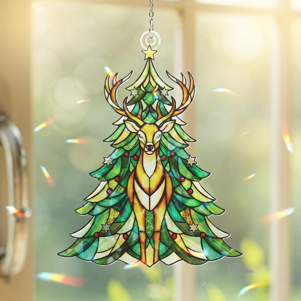 Deer and Christmas Tree Window Hanging: Holiday Suncatcher image 1