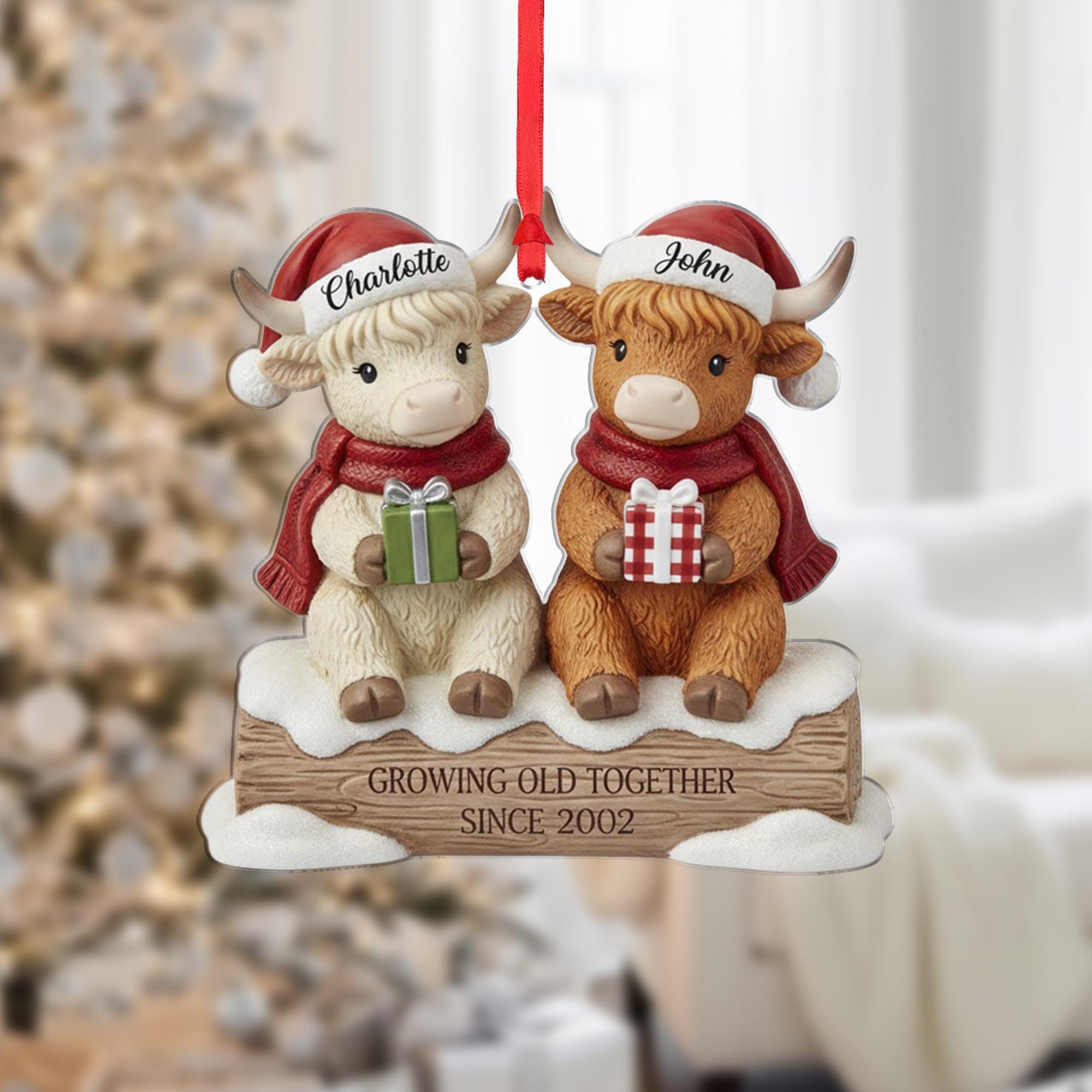 Personalized Highland Cow Ornament - Couple Anniversary Christmas Gift image 1