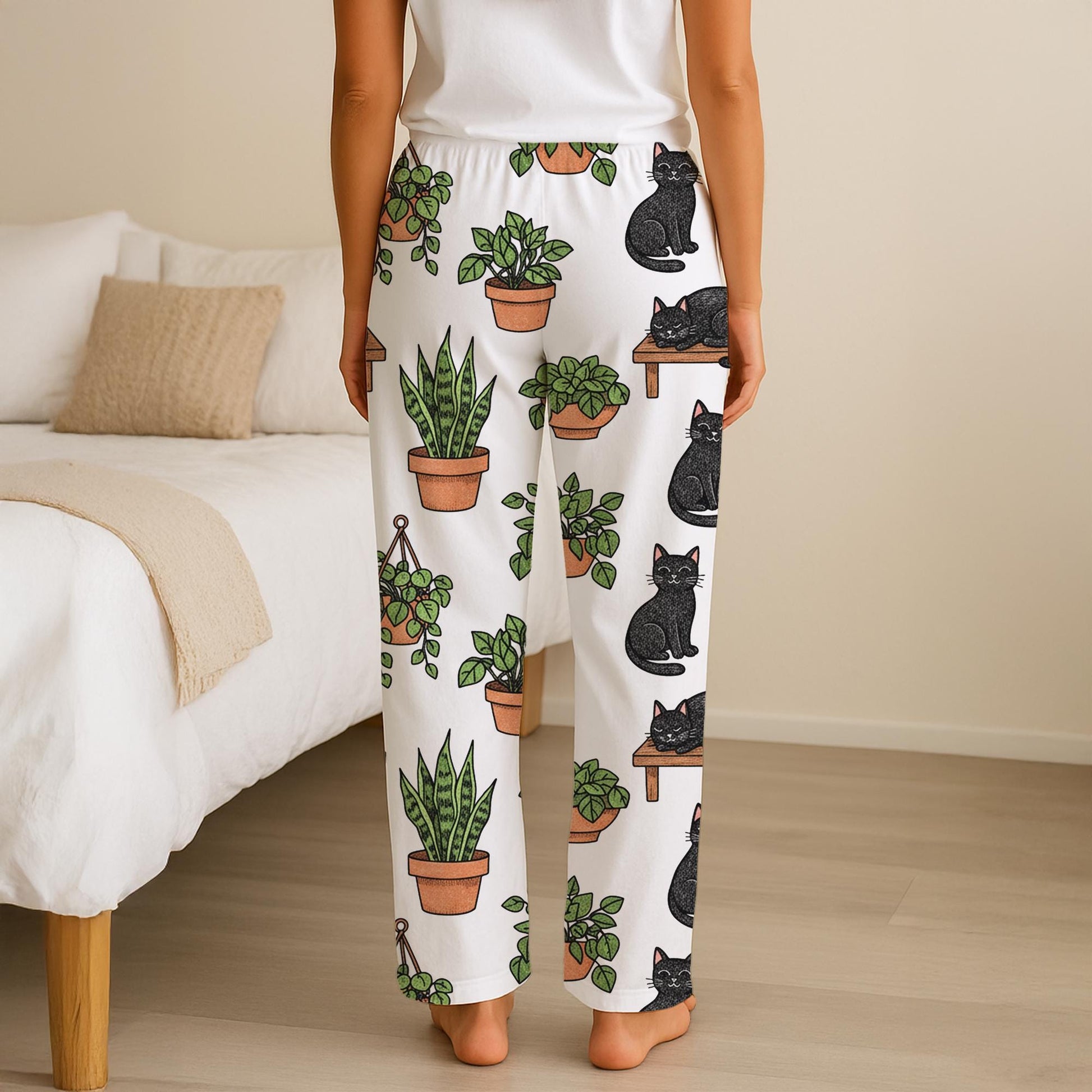Plants Pajama Pants – Black Cat Botanical Print Lounge Pants For Sleepwear image 4