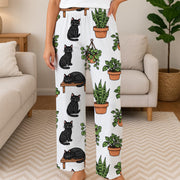 Plants Pajama Pants – Black Cat Botanical Print Lounge Pants For Sleepwear image 1
