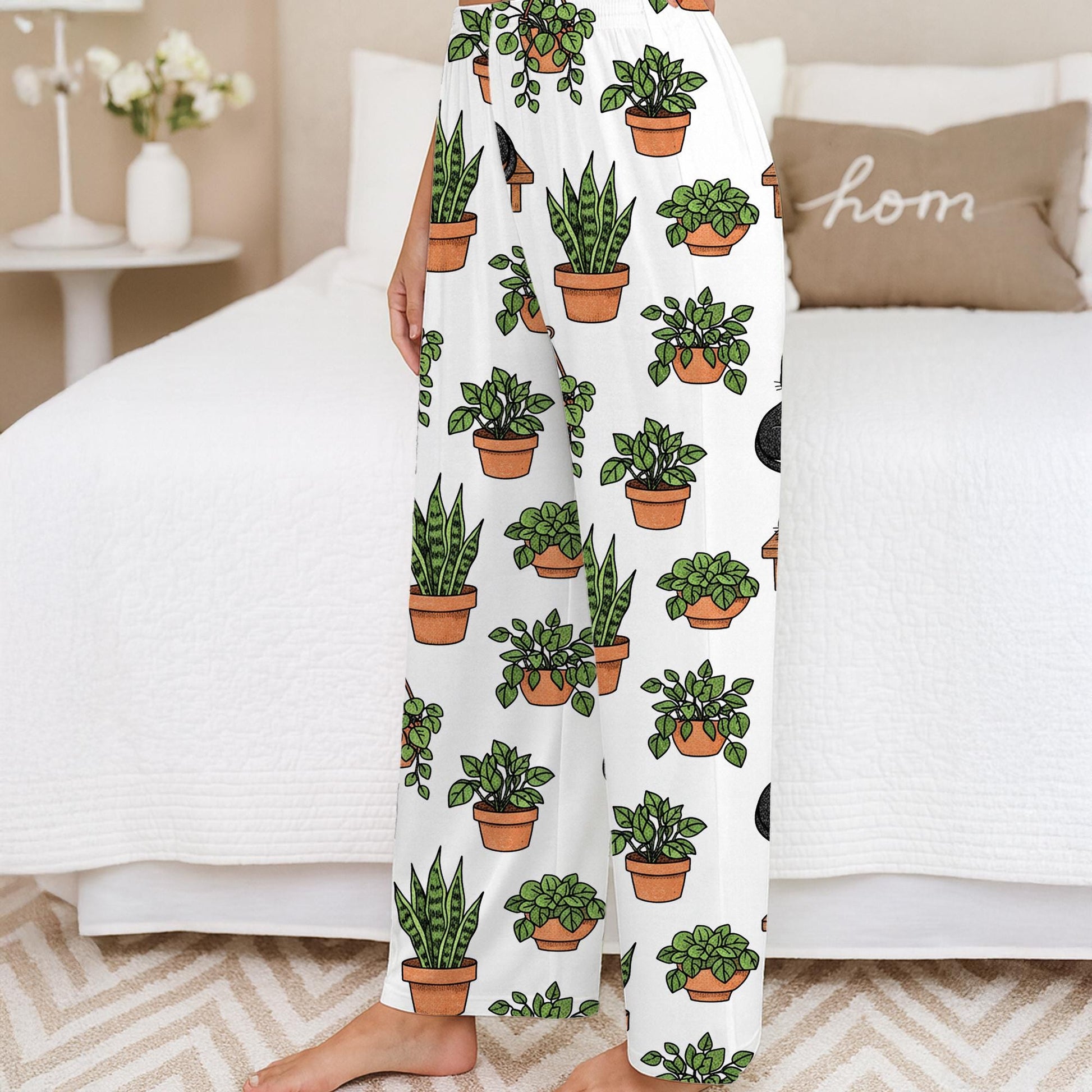 Plants Pajama Pants – Black Cat Botanical Print Lounge Pants For Sleepwear image 3