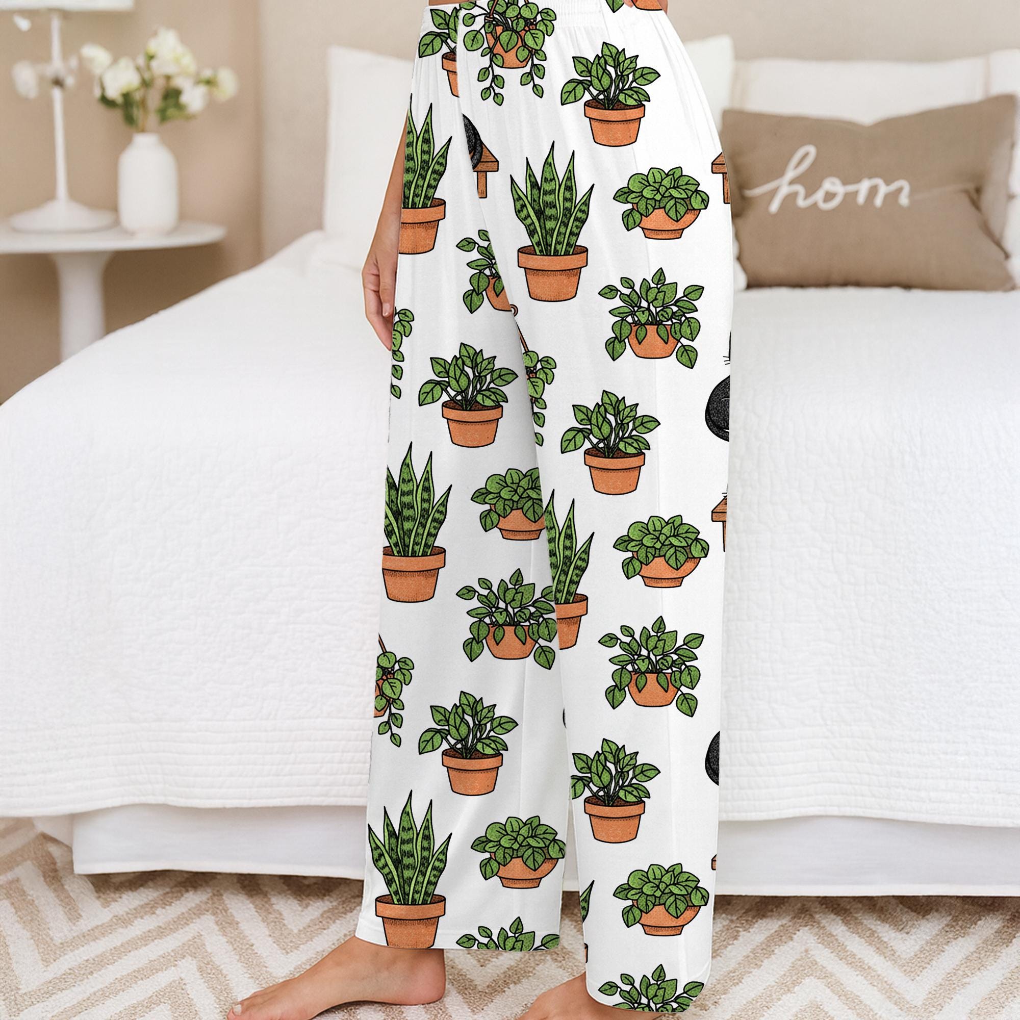 Plants Pajama Pants – Black Cat Botanical Print Lounge Pants For Sleepwear image 3