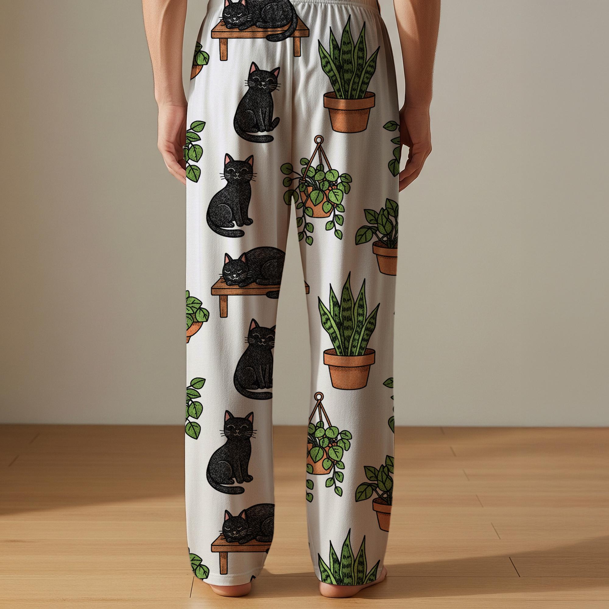 Plants Pajama Pants – Black Cat Botanical Print Lounge Pants For Sleepwear image 8