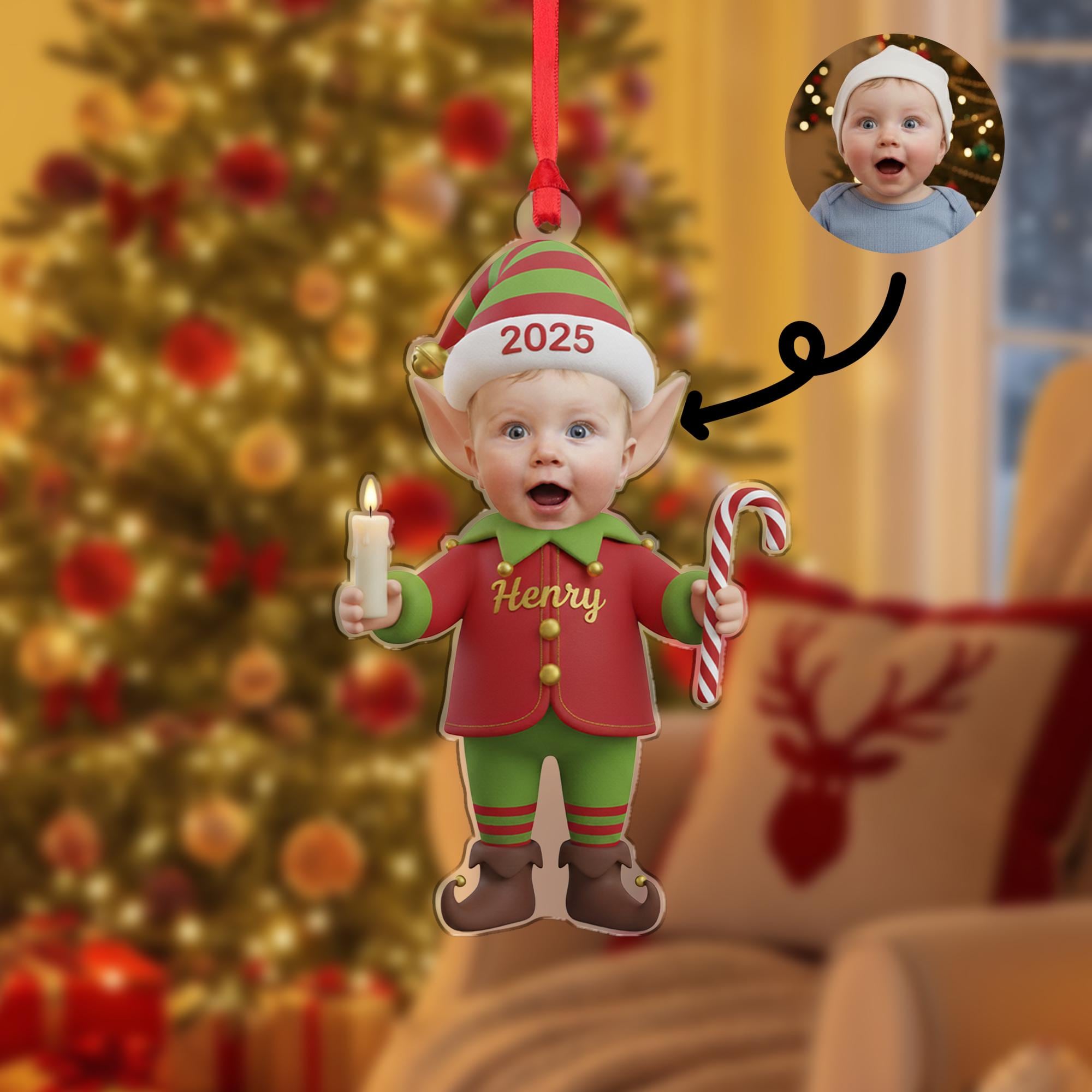 Personalized Elf Ornament with Custom Baby Photo, Name, and Year image 1