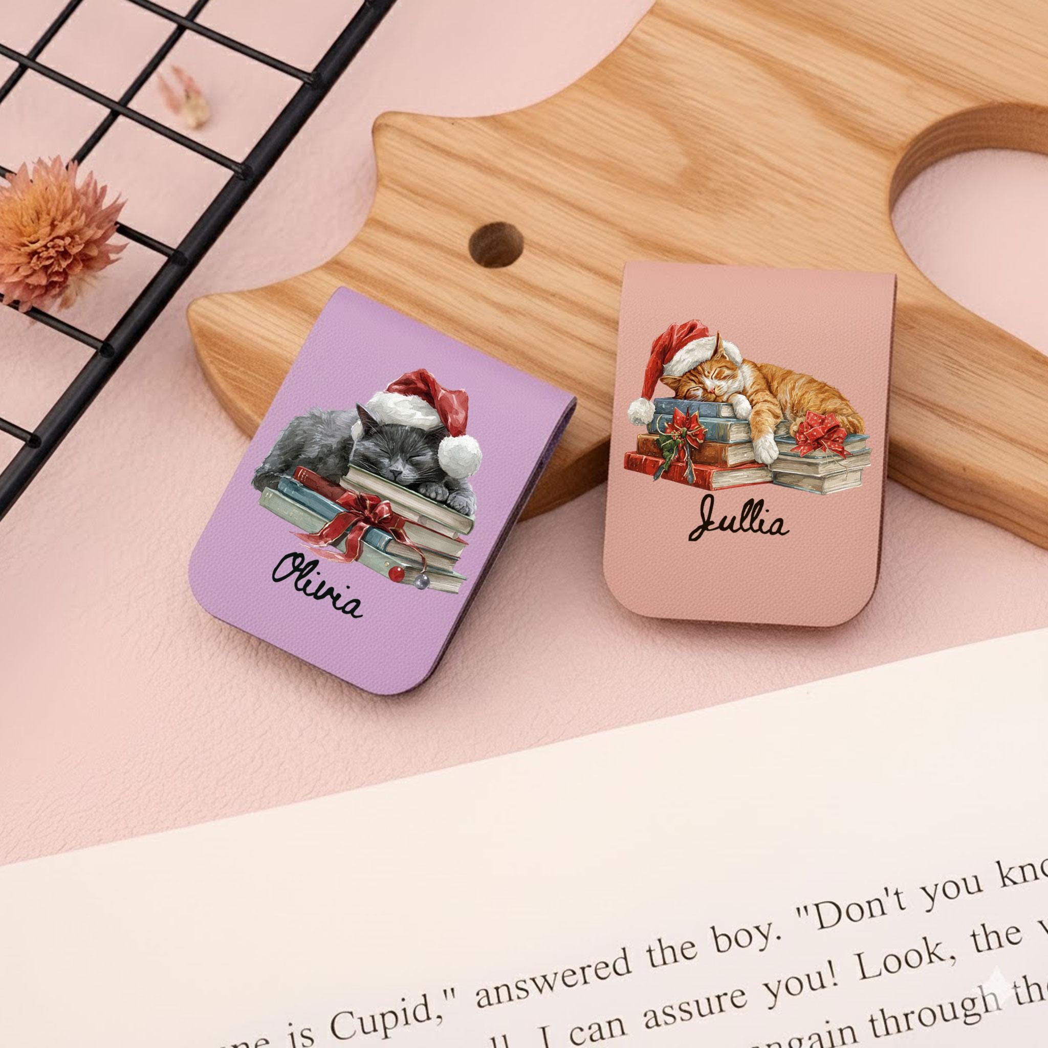 Custom Magnetic Leather Bookmark: Page Clip Sleeping Cat Christmas image 3