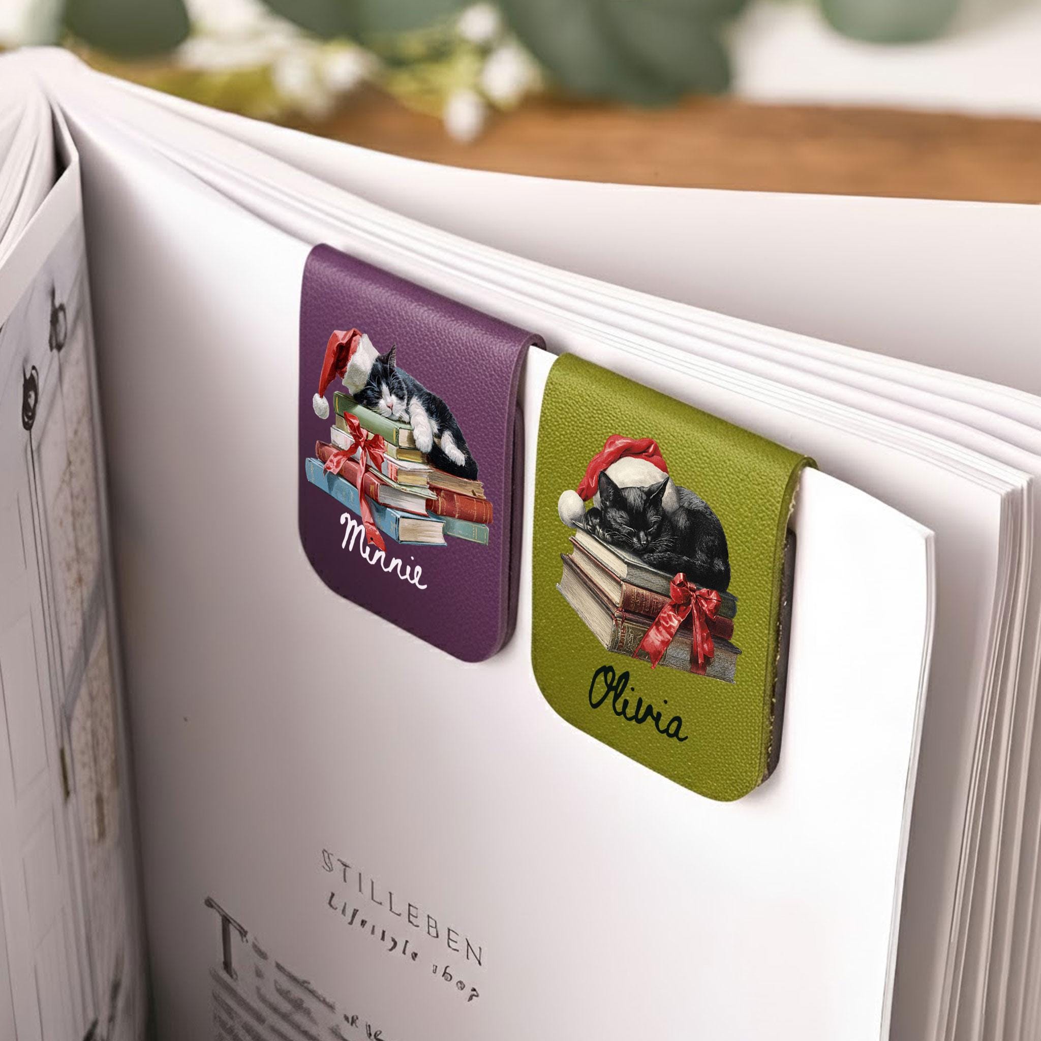 Custom Magnetic Leather Bookmark: Page Clip Sleeping Cat Christmas image 4