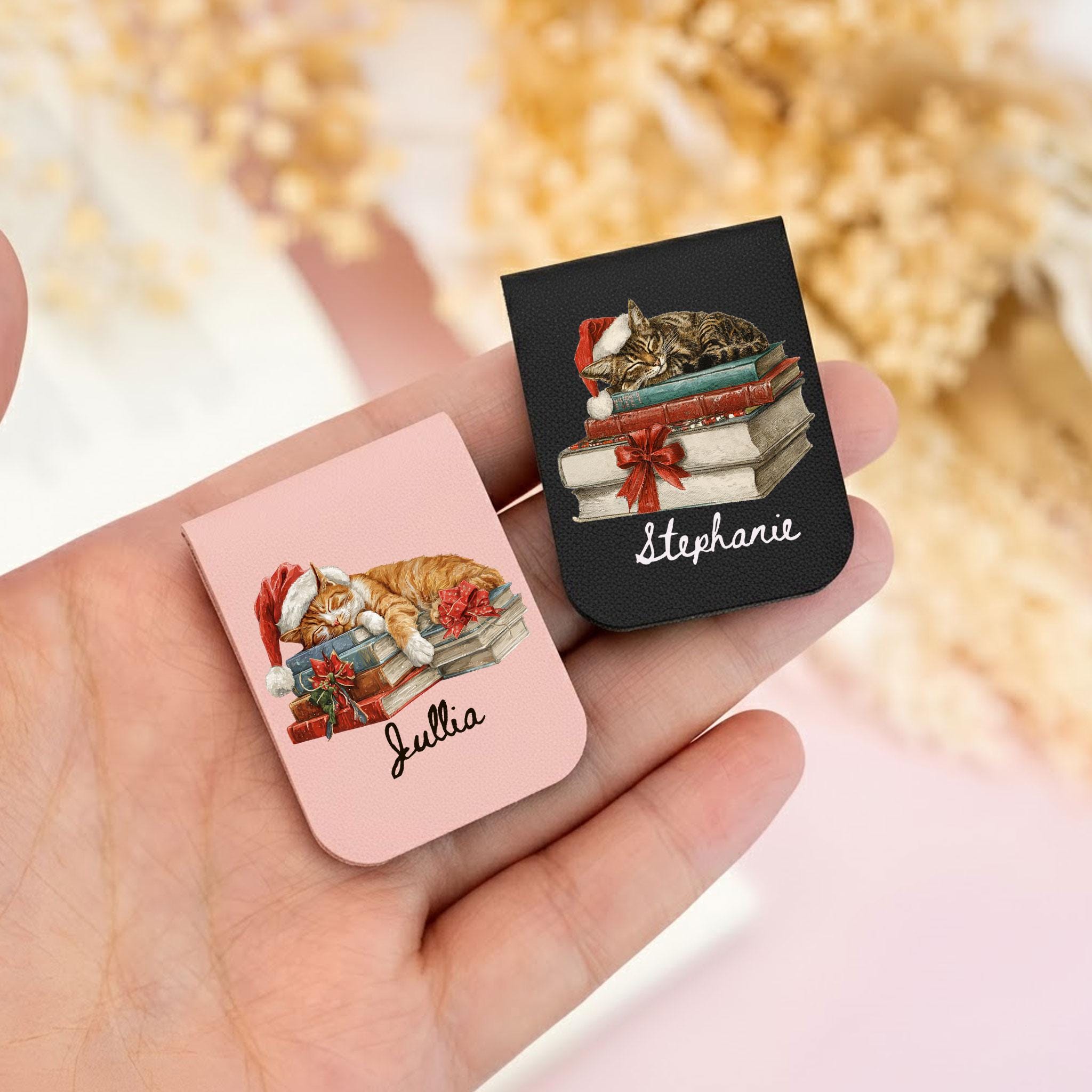 Custom Magnetic Leather Bookmark: Page Clip Sleeping Cat Christmas image 2