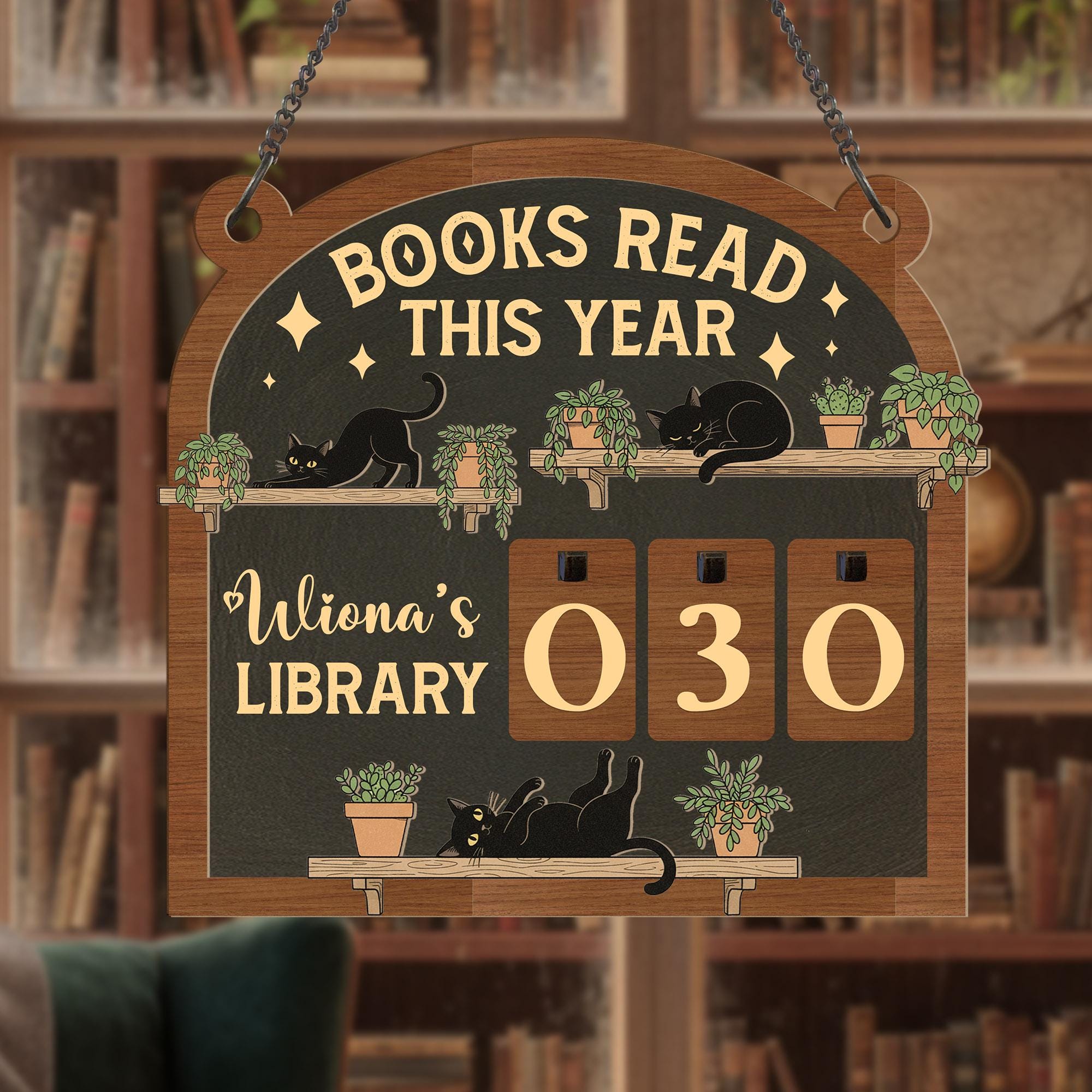 Wooden Reading Counter Sign: Personalized Books Read Tracker Black Cat With Plants Library image 3
