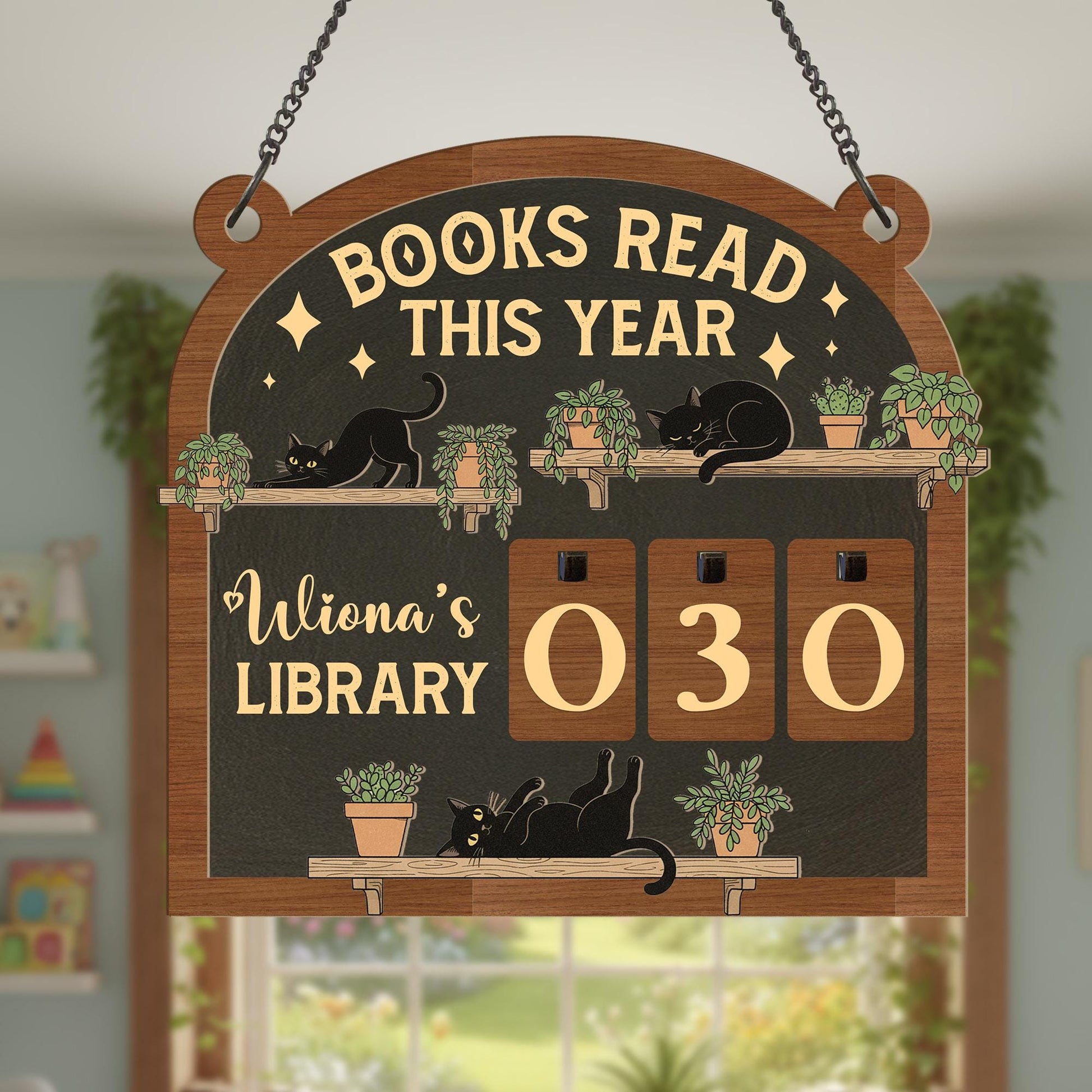 Wooden Reading Counter Sign: Personalized Books Read Tracker Black Cat With Plants Library image 4