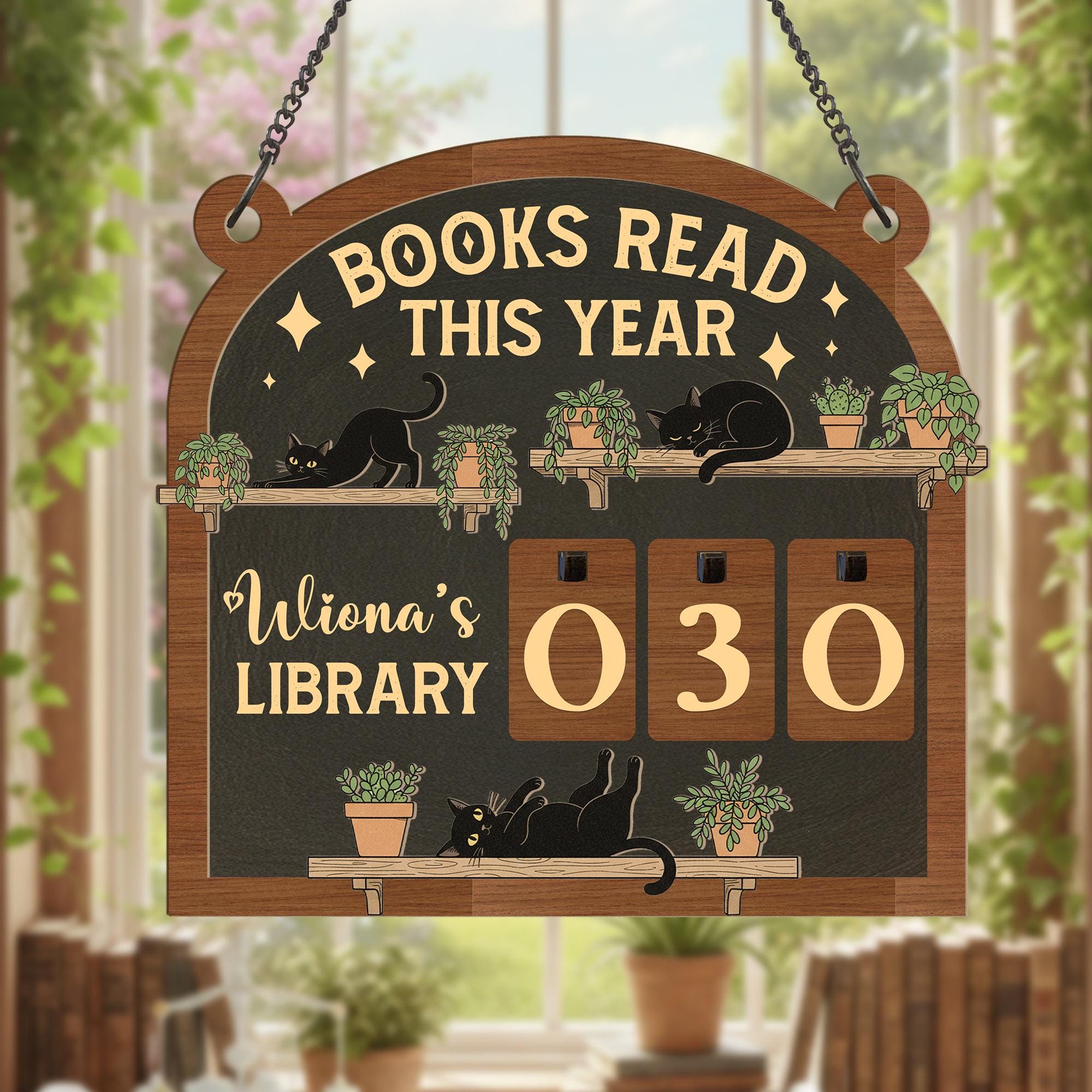 Wooden Reading Counter Sign: Personalized Books Read Tracker Black Cat With Plants Library image 1