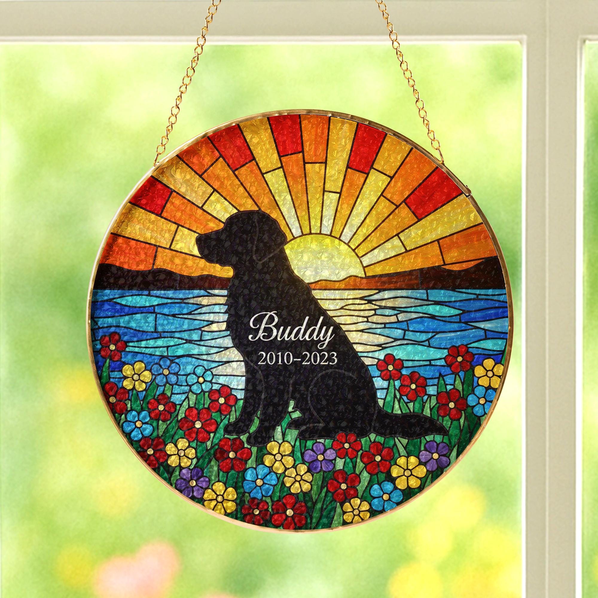 Custom Glass Pet Memorial Suncatcher: Dog Silhouette Sunset Flowers image 3