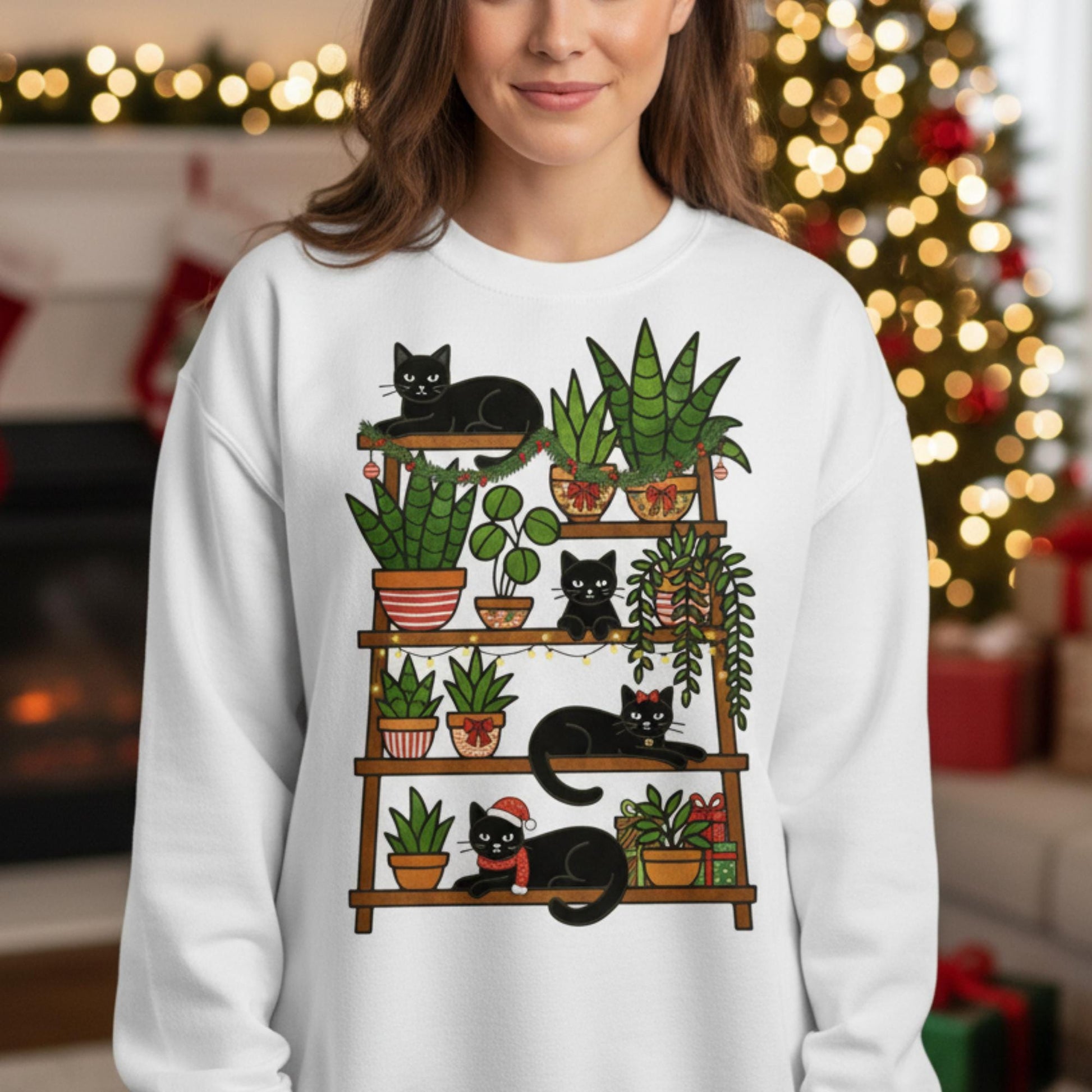 Black Cat Houseplant Christmas Sweatshirt, Unisex Crewneck Hoodie image 1