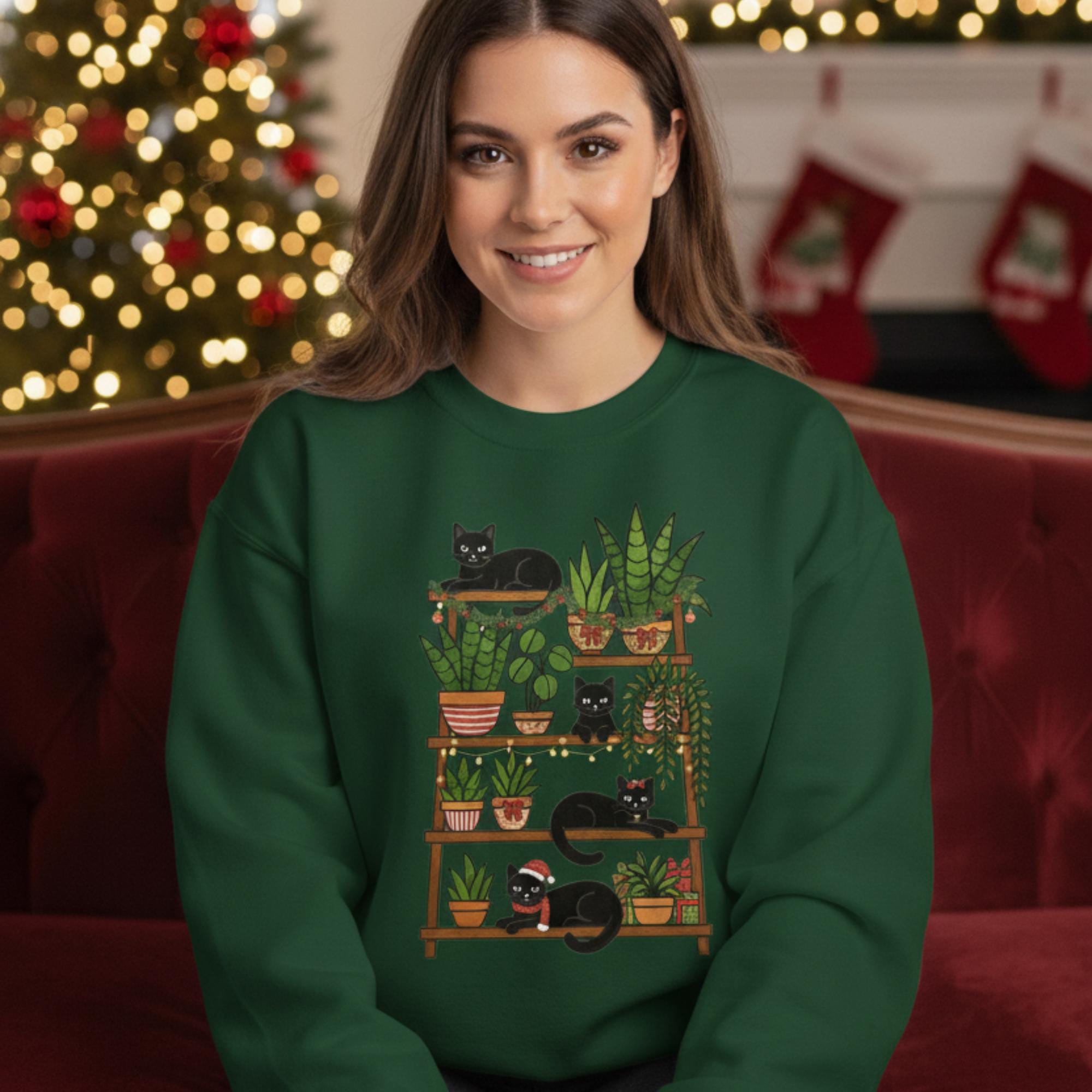 Black Cat Houseplant Christmas Sweatshirt, Unisex Crewneck Hoodie image 4