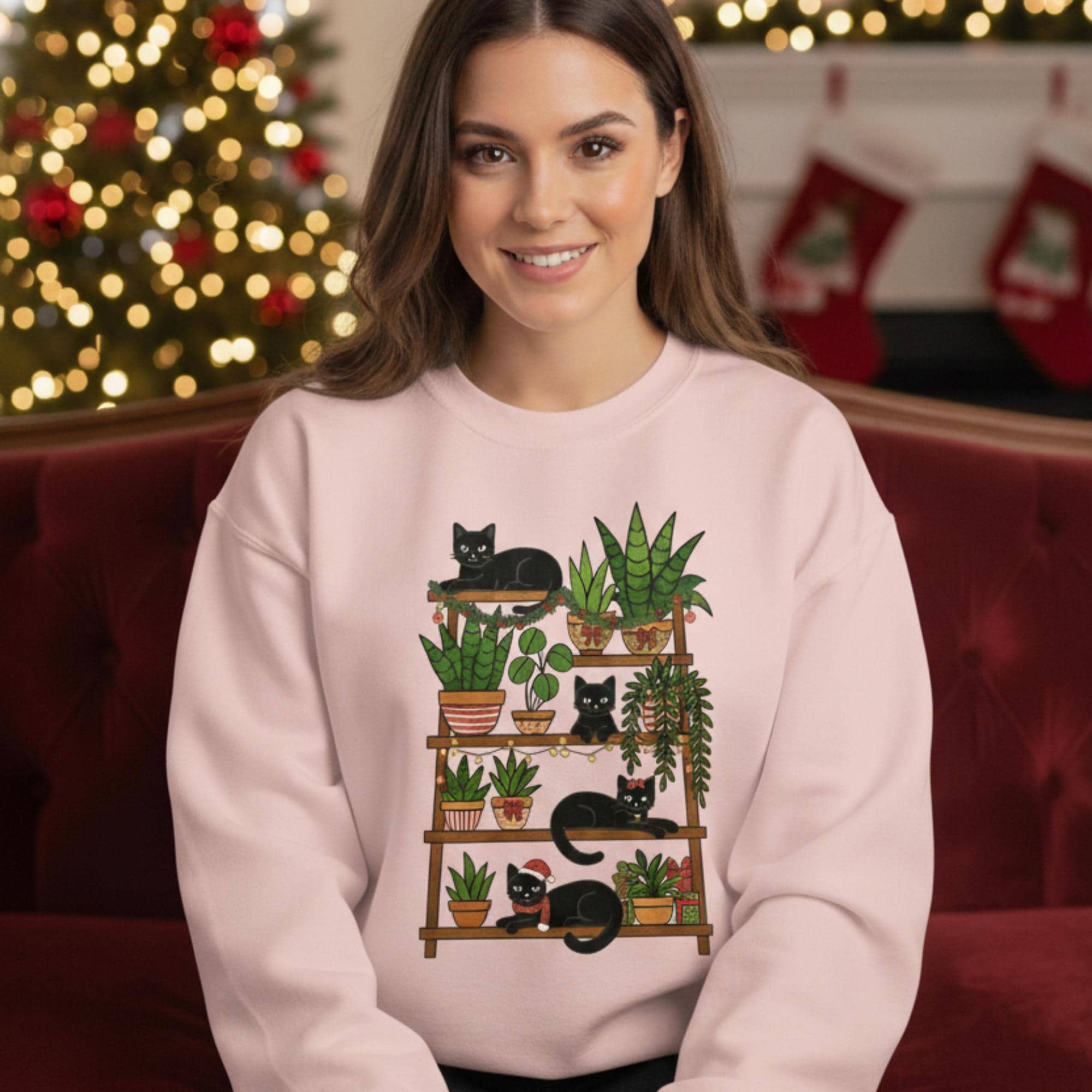 Black Cat Houseplant Christmas Sweatshirt, Unisex Crewneck Hoodie image 2