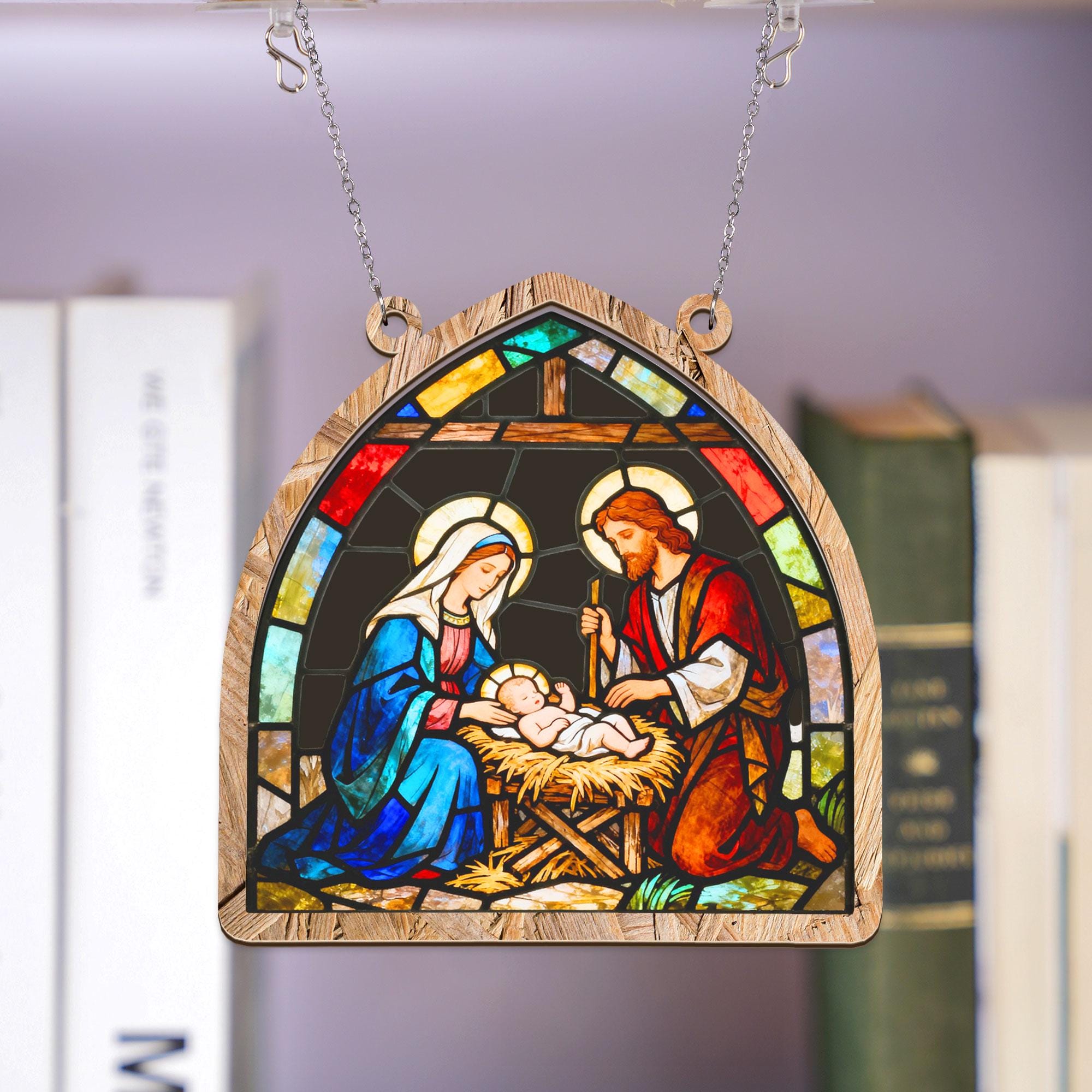 Wooden Ornament Suncatcher: Nativity Stained Glass Bookshelf Display Sign image 2