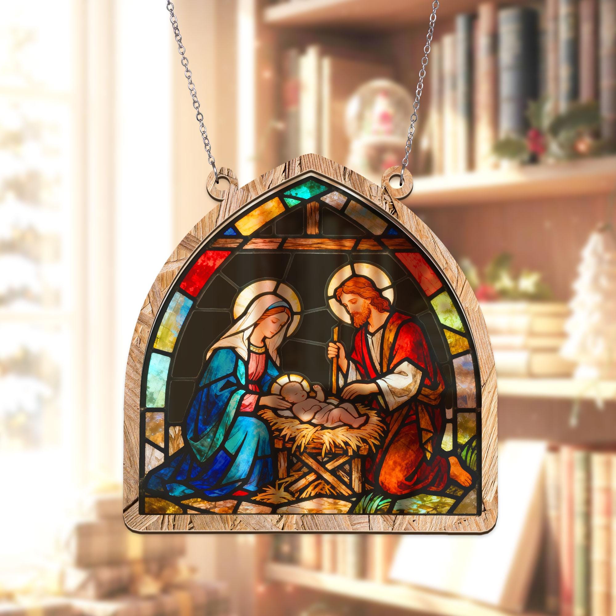 Wooden Ornament Suncatcher: Nativity Stained Glass Bookshelf Display Sign image 3