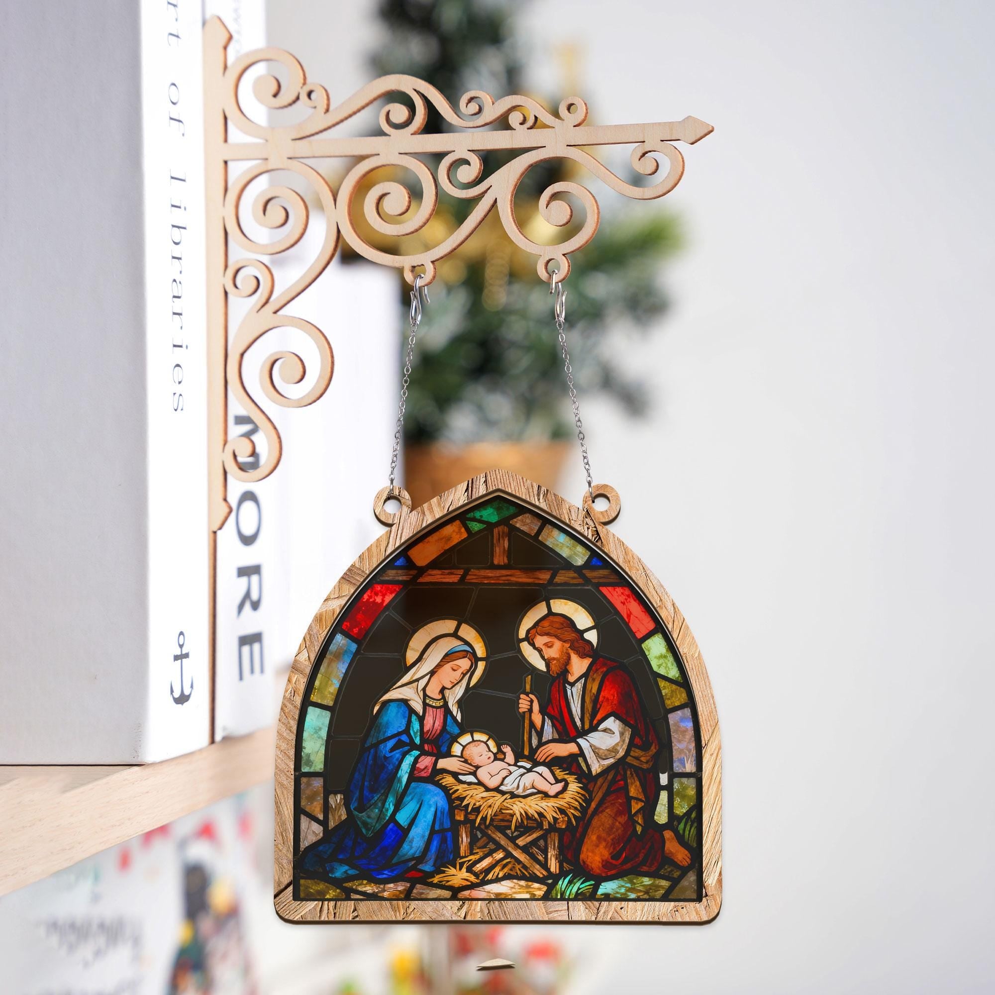 Wooden Ornament Suncatcher: Nativity Stained Glass Bookshelf Display Sign image 1