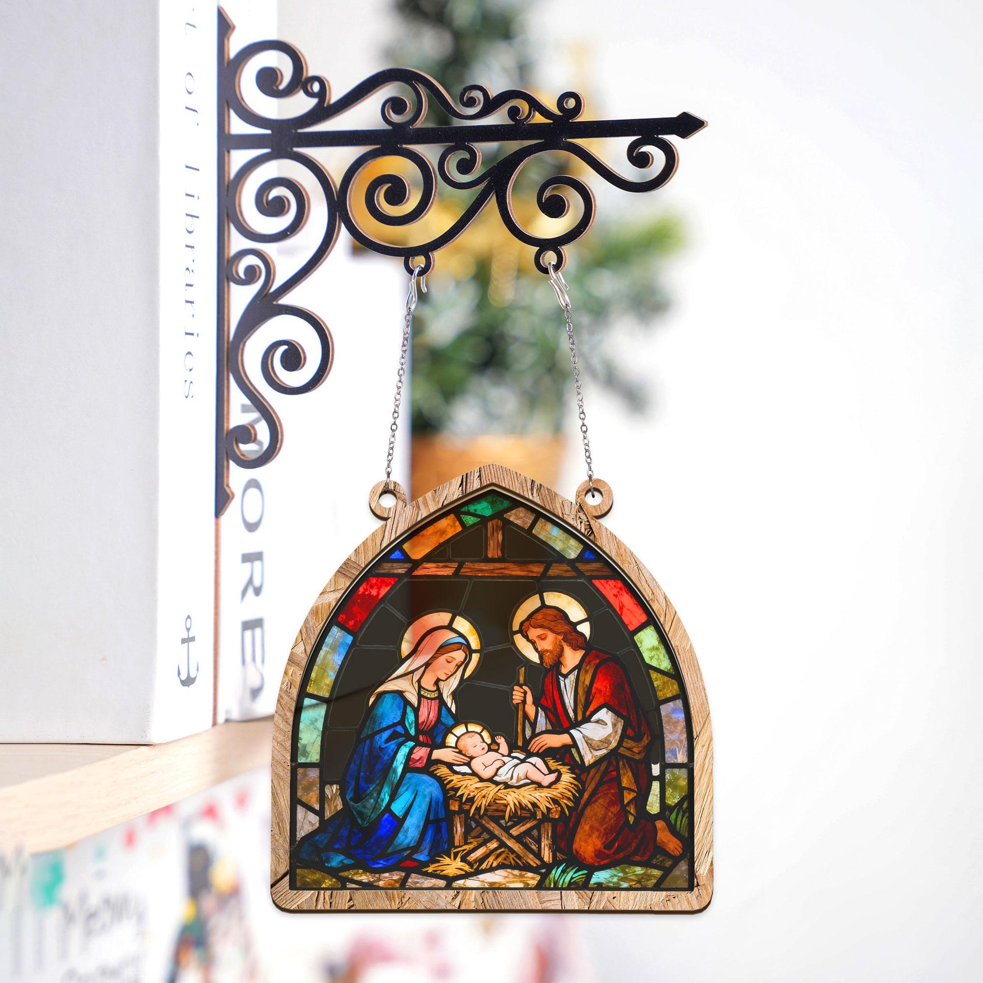 Wooden Ornament Suncatcher: Nativity Stained Glass Bookshelf Display Sign image 5