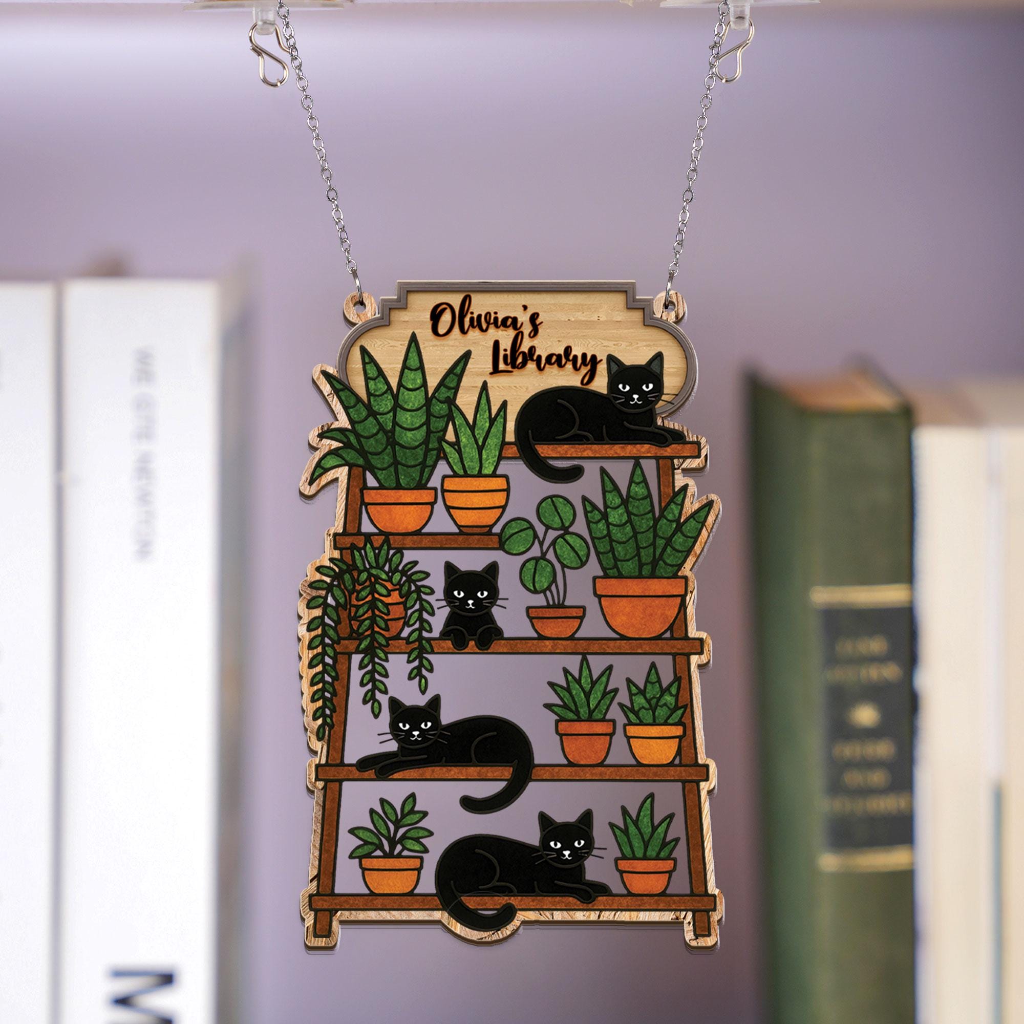Custom Bookshelf Sign: Personalized Black Cat Plant Shelf Hanging Ornament image 3