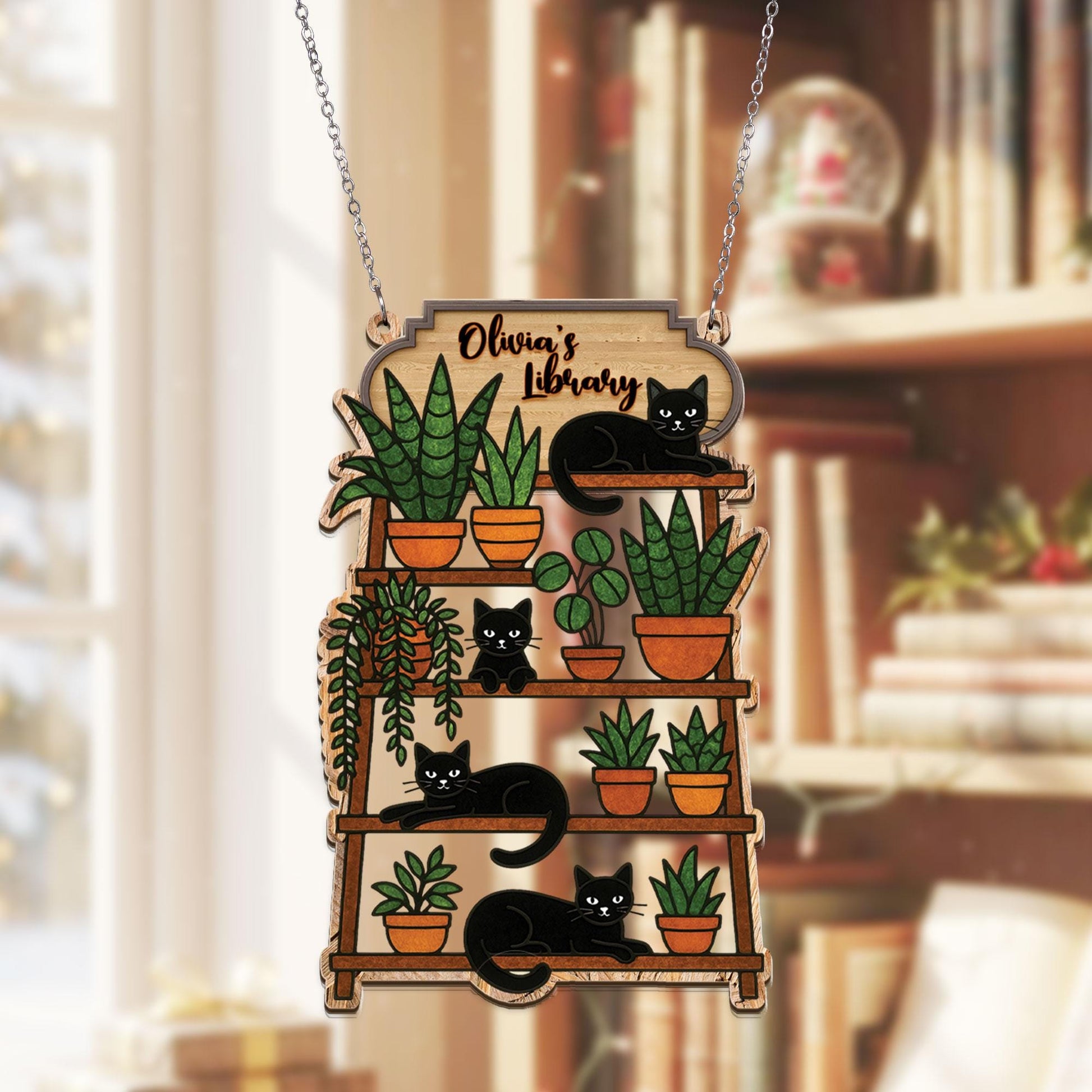 Custom Bookshelf Sign: Personalized Black Cat Plant Shelf Hanging Ornament image 5