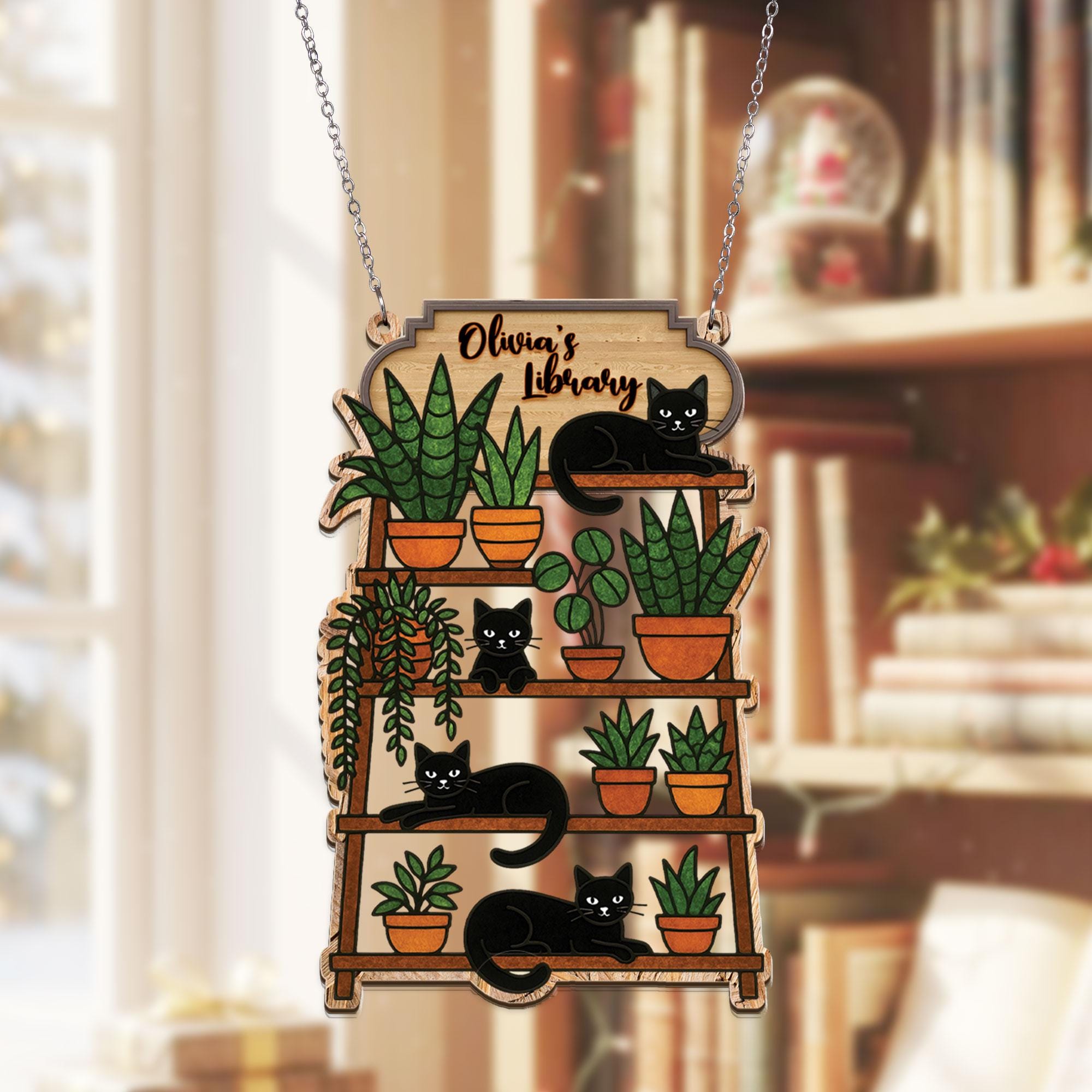 Custom Bookshelf Sign: Personalized Black Cat Plant Shelf Hanging Ornament image 5
