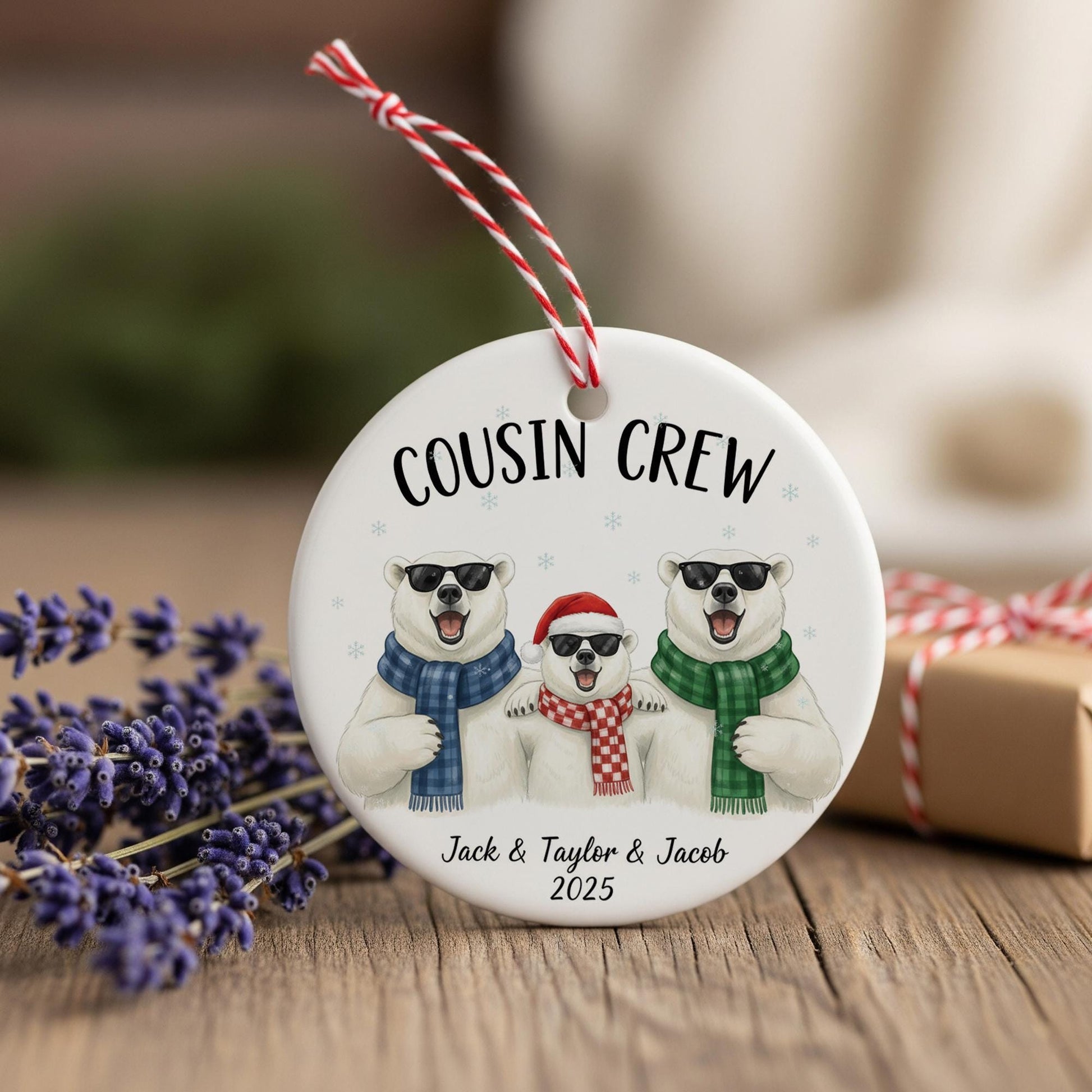 Ceramic Christmas Ornament – Polar Bear Cousin Crew Design with Names and Year image 3