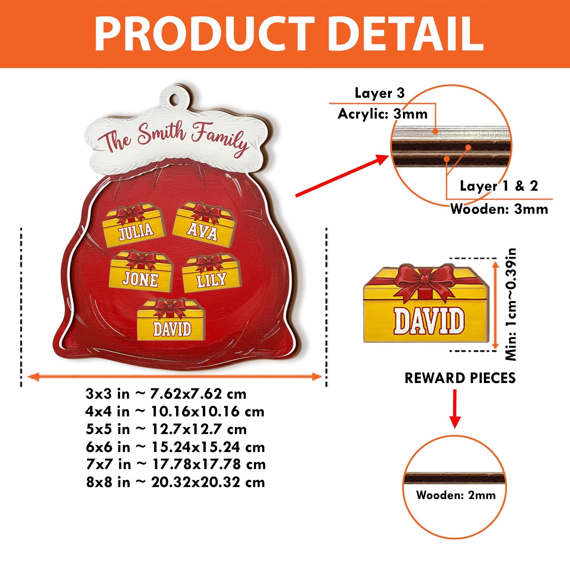 3 Layer Wood and Acrylic Shaker Ornament – Family Name Design with Gift Bag and Floating Pieces image 2