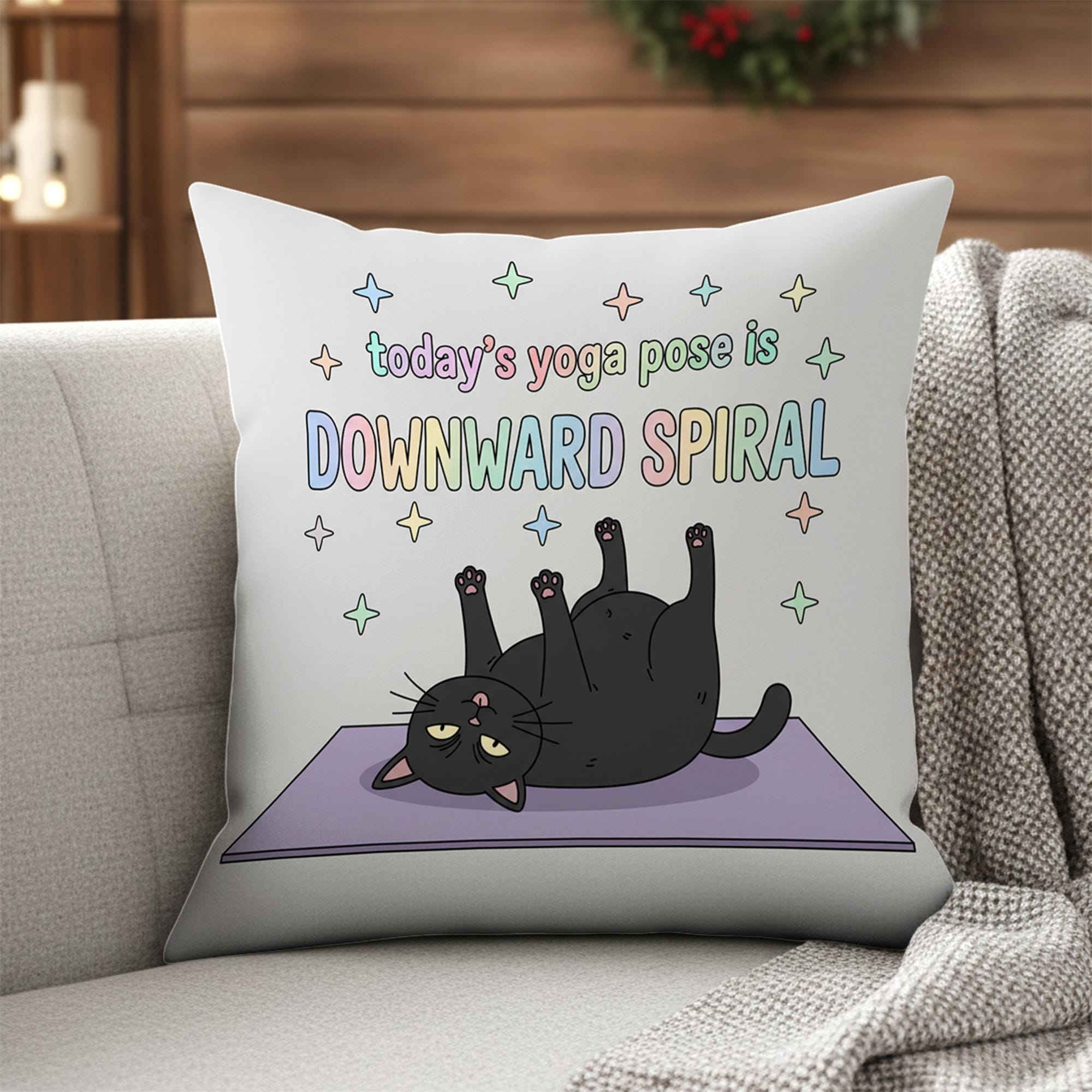 Printed Throw Pillow – Black Cat Yoga Design with Downward Spiral Quote and Pastel Text image 1