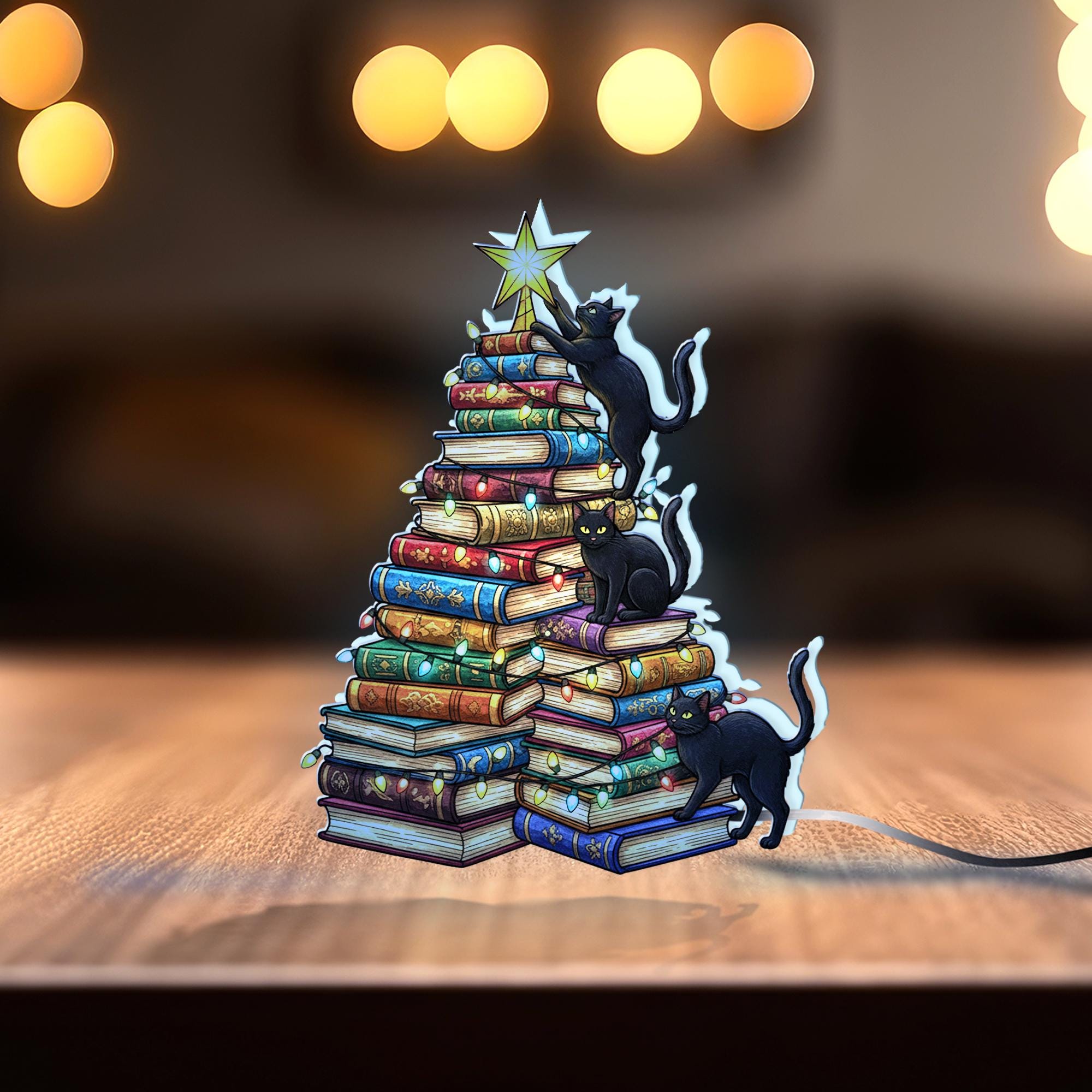 Cat Book Tree Light Box | Custom Cat Climbing Books LED Lamp image 2