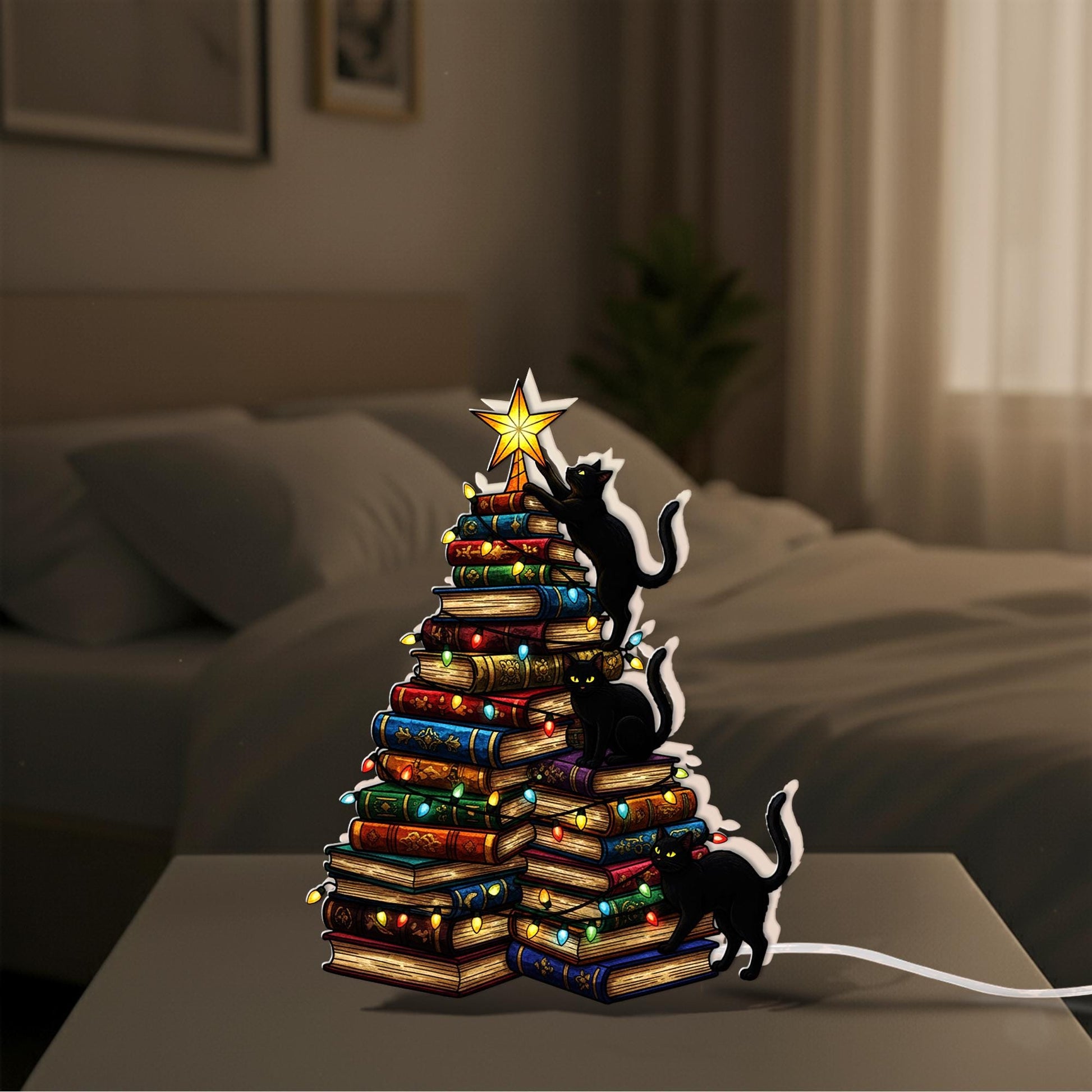 Cat Book Tree Light Box | Custom Cat Climbing Books LED Lamp image 6