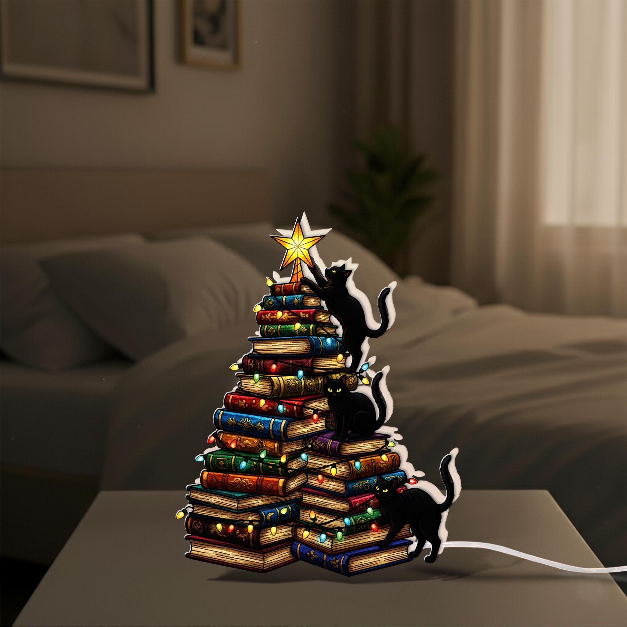 Cat Book Tree Light Box | Custom Cat Climbing Books LED Lamp image 6