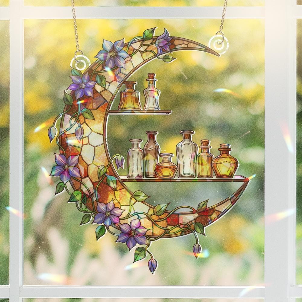 Moon Window Hanging – Crescent Shelf with Flowers and Bottles Sun Catcher Decor image 2