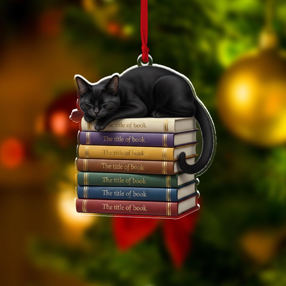 Black Cat and Books Ornament – Cozy Reading Lover Christmas Decoration Gift image 2