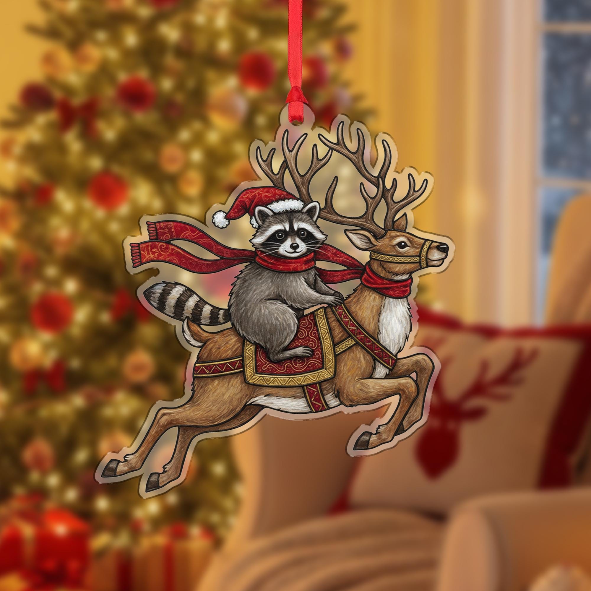 Festive Raccoon & Reindeer Christmas Tree Ornament – Holiday Woodland Animal Acrylic Decoration image 7