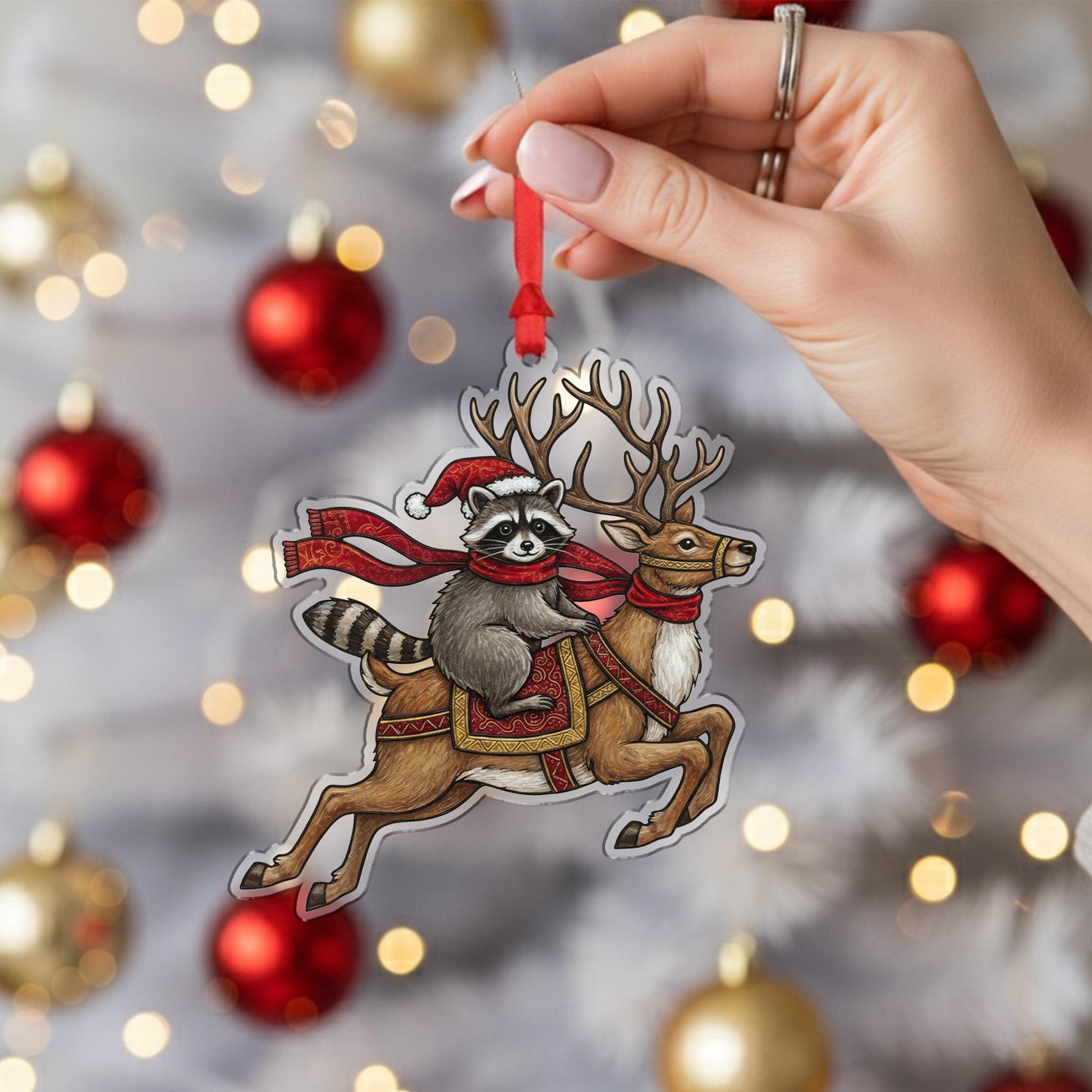 Festive Raccoon & Reindeer Christmas Tree Ornament – Holiday Woodland Animal Acrylic Decoration image 4